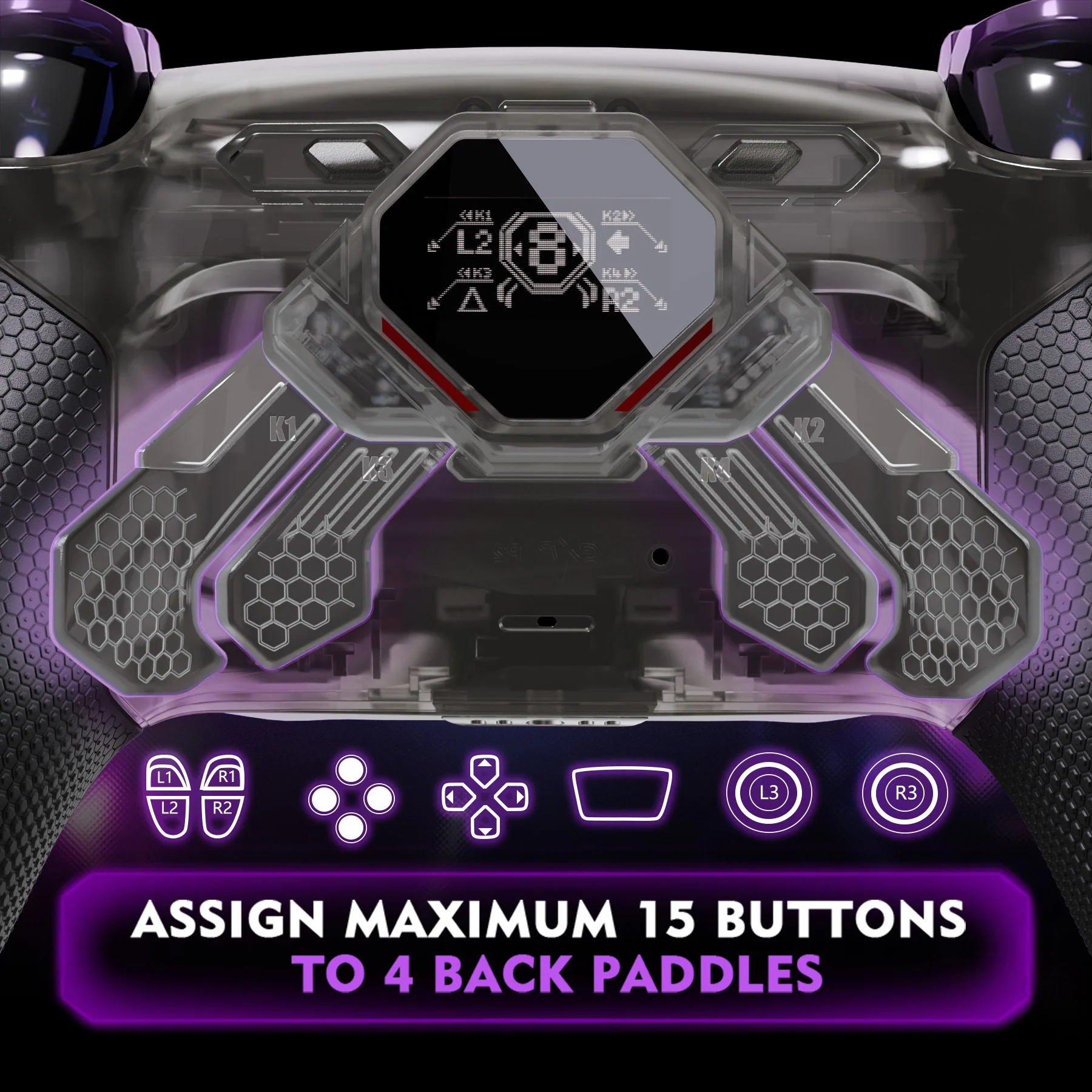 eXtremeRate SPARK Back Paddles Kit with OLED Display & Clicky Trigger Stops & Ergonomic Grips for PS5 Controller BDM-010/020 - Rubberized Clear & Black - Image 4