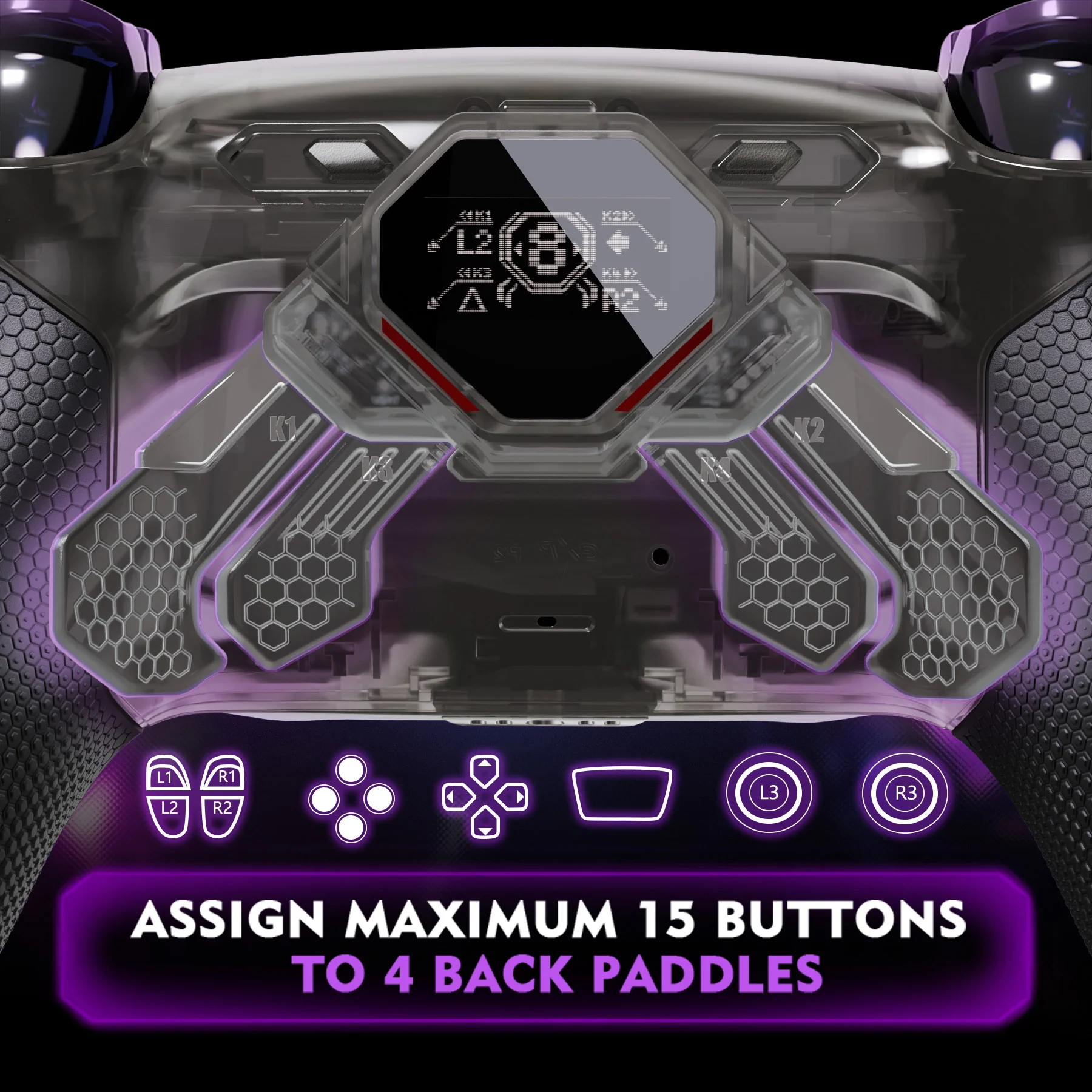 eXtremeRate SPARK Back Paddles Kit with OLED Display & Clicky Trigger Stops & Ergonomic Grips for PS5 Controller BDM-030/040/050/060 - Rubberized Clear Black - Image 4