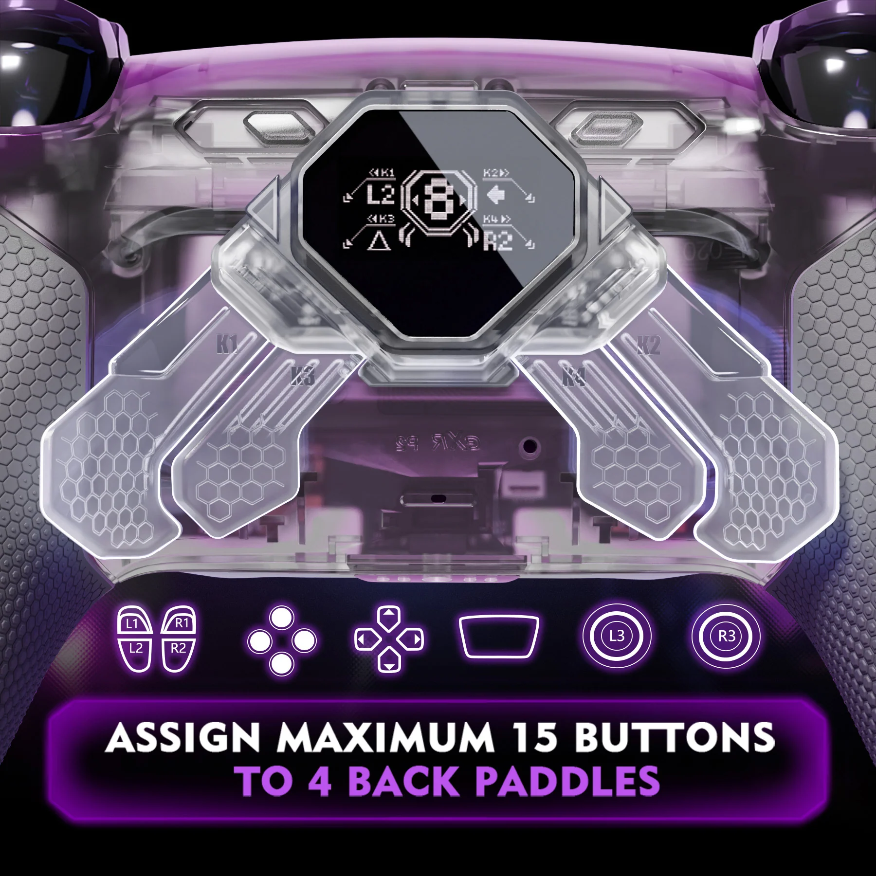 eXtremeRate SPARK Back Paddles Kit with OLED Display & Clicky Trigger Stops & Ergonomic Grips for PS5 Controller BDM-030/040/050/060 - Rubberized Clear & Gray - Image 4