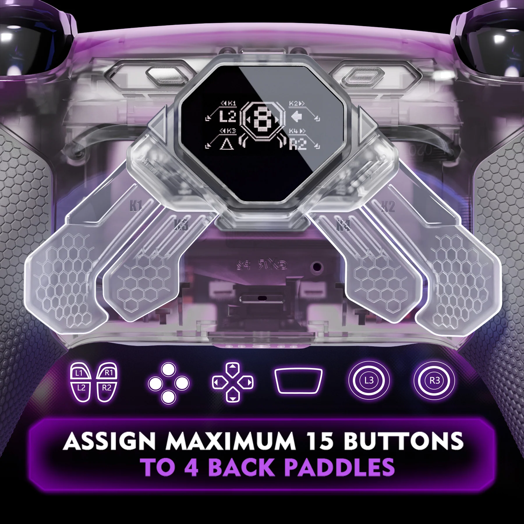 eXtremeRate SPARK Back Paddles Kit with OLED Display & Clicky Trigger Stops & Ergonomic Grips for PS5 Controller BDM-030/040/050 - Rubberized Clear & Gray - Image 4