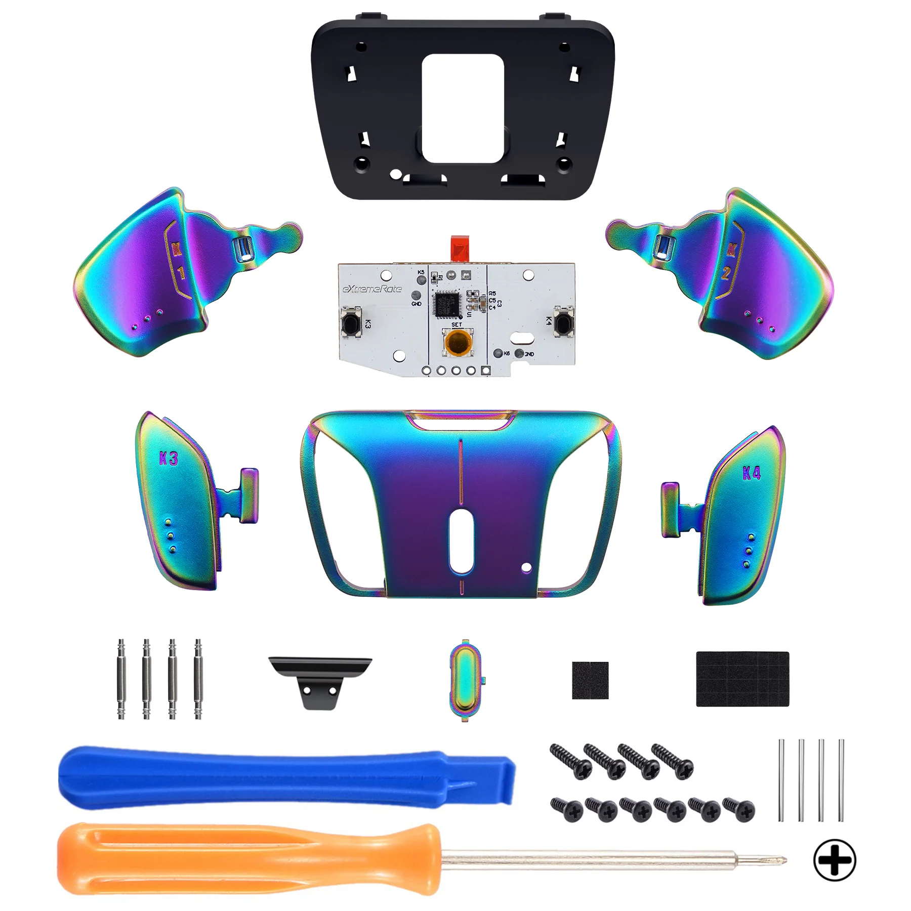 eXtremeRate Turn RISE & RISE4 to RISE4 RMB Kit – Real Metal Buttons (RMB) Version K1 K2 K3 K4 Back Buttons Housing & Remap PCB Board for eXtremeRate RISE & RISE4 Remap kit, Compatible with PS5 Controller - Metallic Rainbow Aura Blue & Purple - Image 3