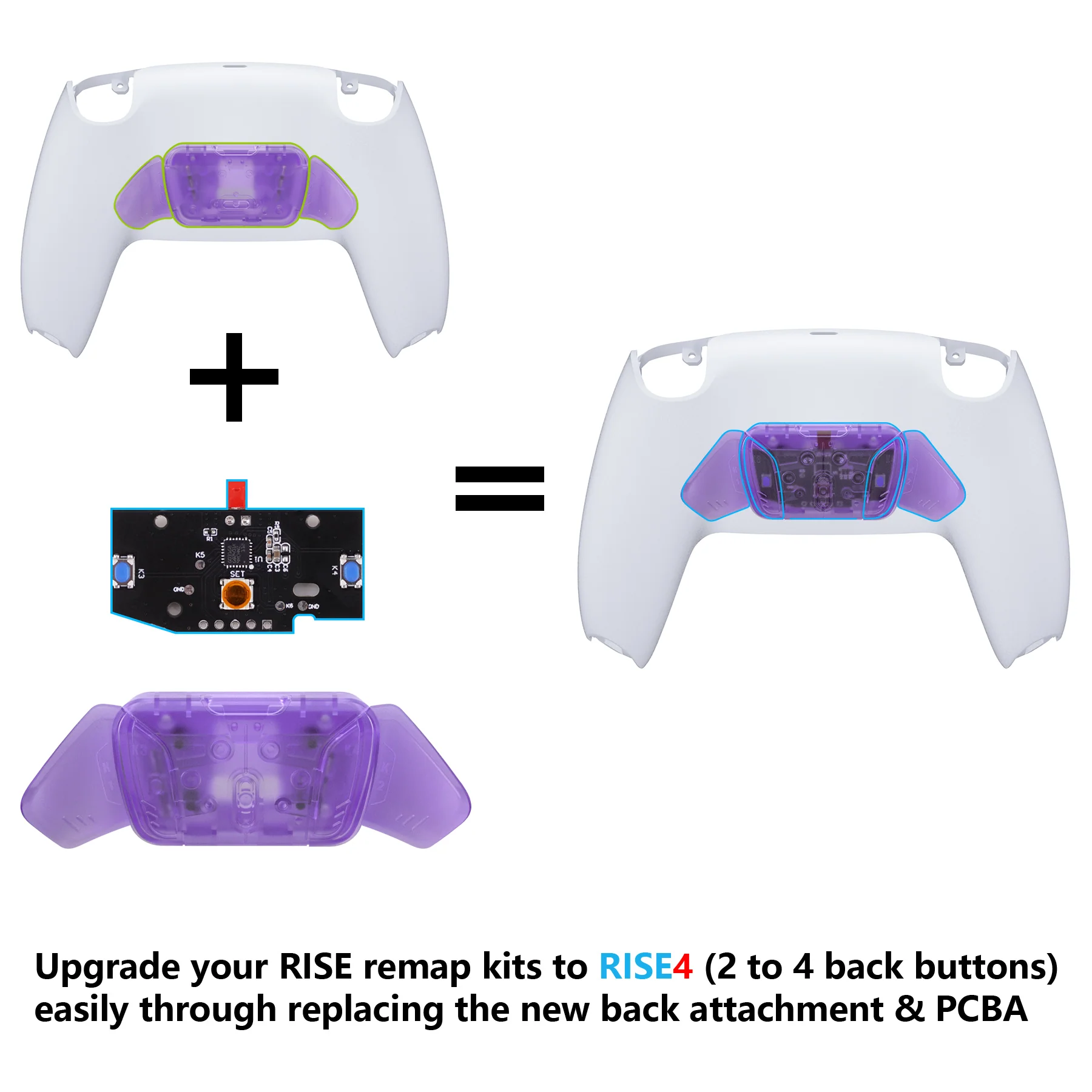 eXtremeRate Turn RISE to RISE4 Kit – Redesigned K1 K2 K3 K4 Back Buttons Housing & Remap PCB Board for eXtremeRate RISE & RISE4 Remap kit, Compatible with PS5 Controller - Clear Atomic Purple - Image 2