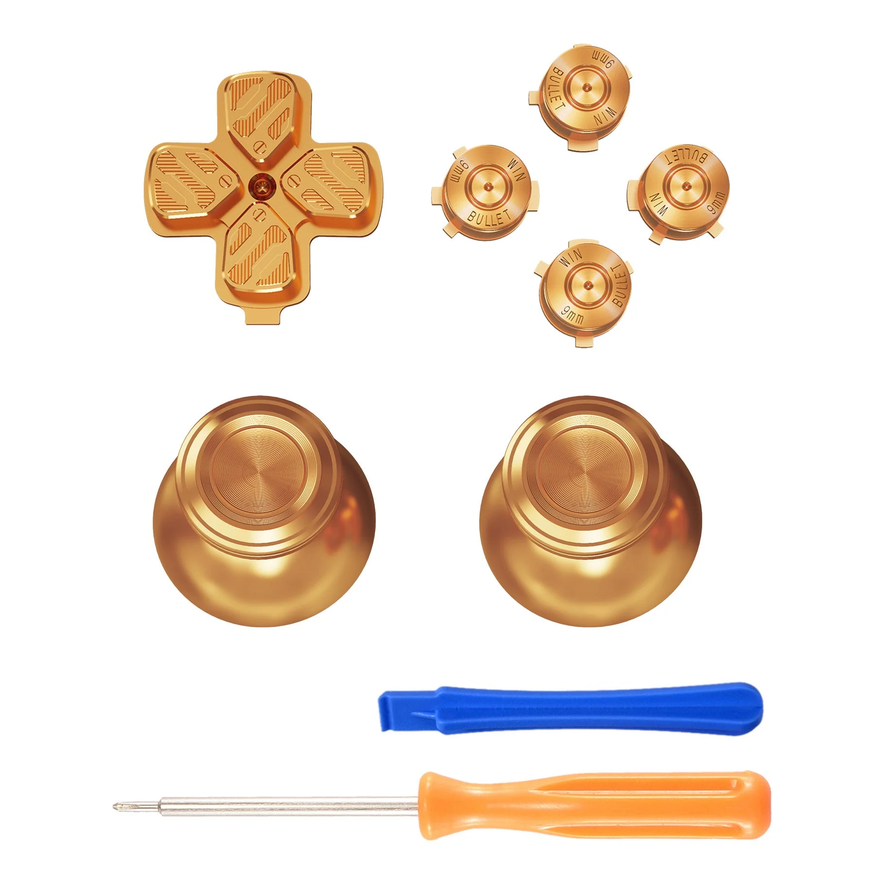 eXtremeRate Replacement Aluminum Metal Thumbsticks Dpad ABXY Buttons for PS5 Controller - Gold - Image 2