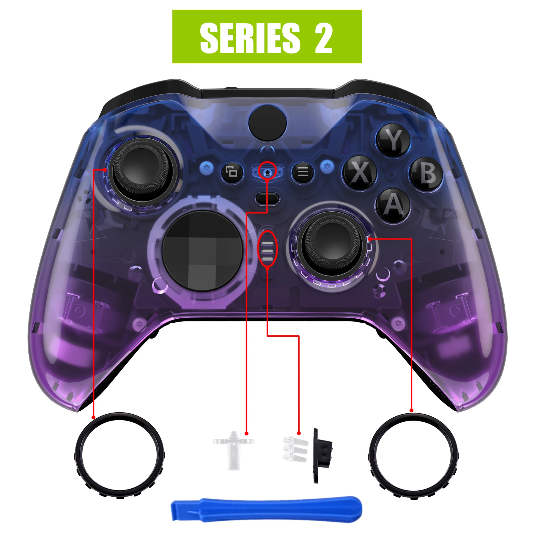 eXtremeRate Replacement Front Housing Shell Case with Accent Rings for Xbox One Elite Series 2 & Elite 2 Core Controller (Model 1797) - Gradient Translucent Bluebell Glossy - Image 4