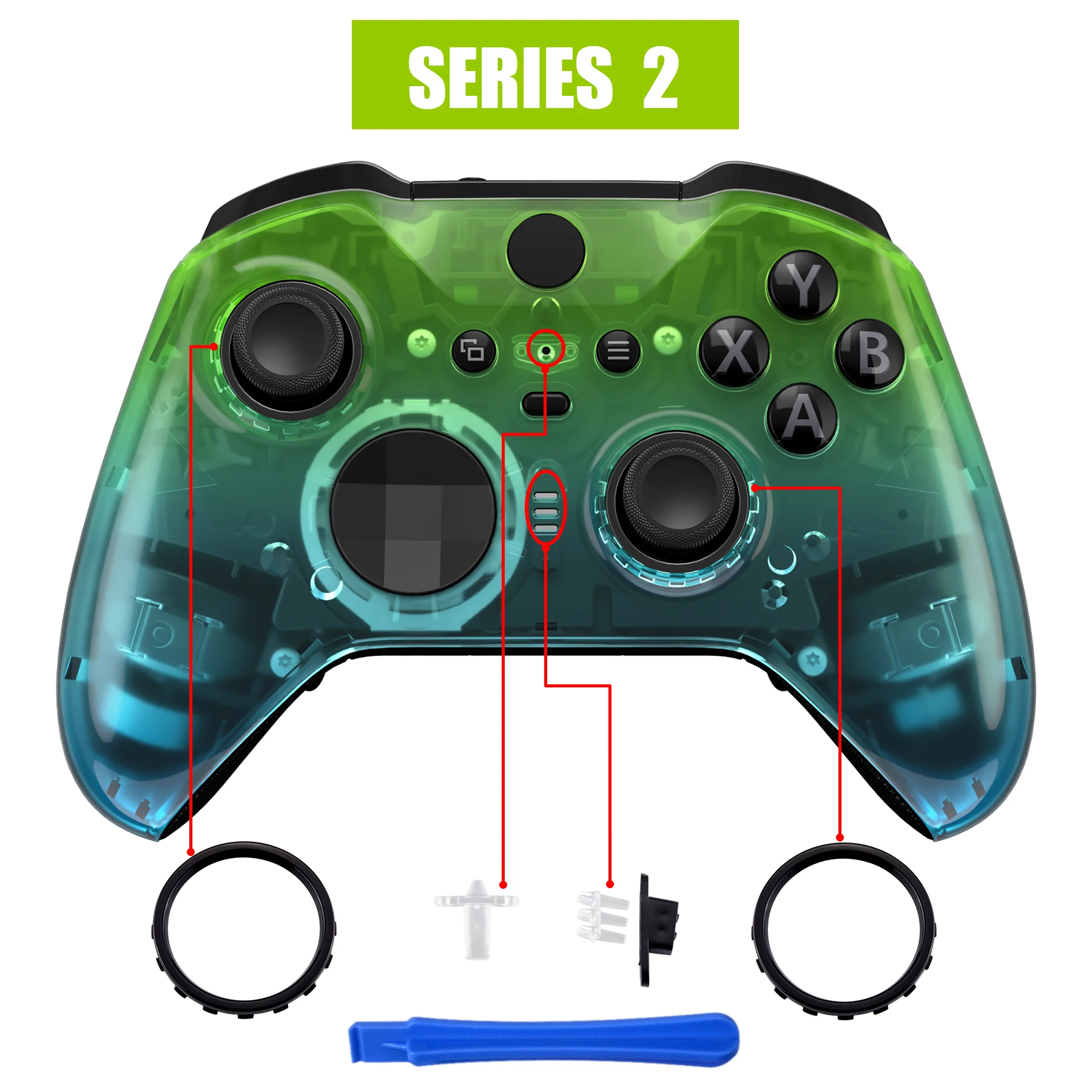 eXtremeRate Replacement Front Housing Shell Case with Accent Rings for Xbox One Elite Series 2 & Elite 2 Core Controller (Model 1797) - Gradient Translucent Green Blue Glossy - Image 4