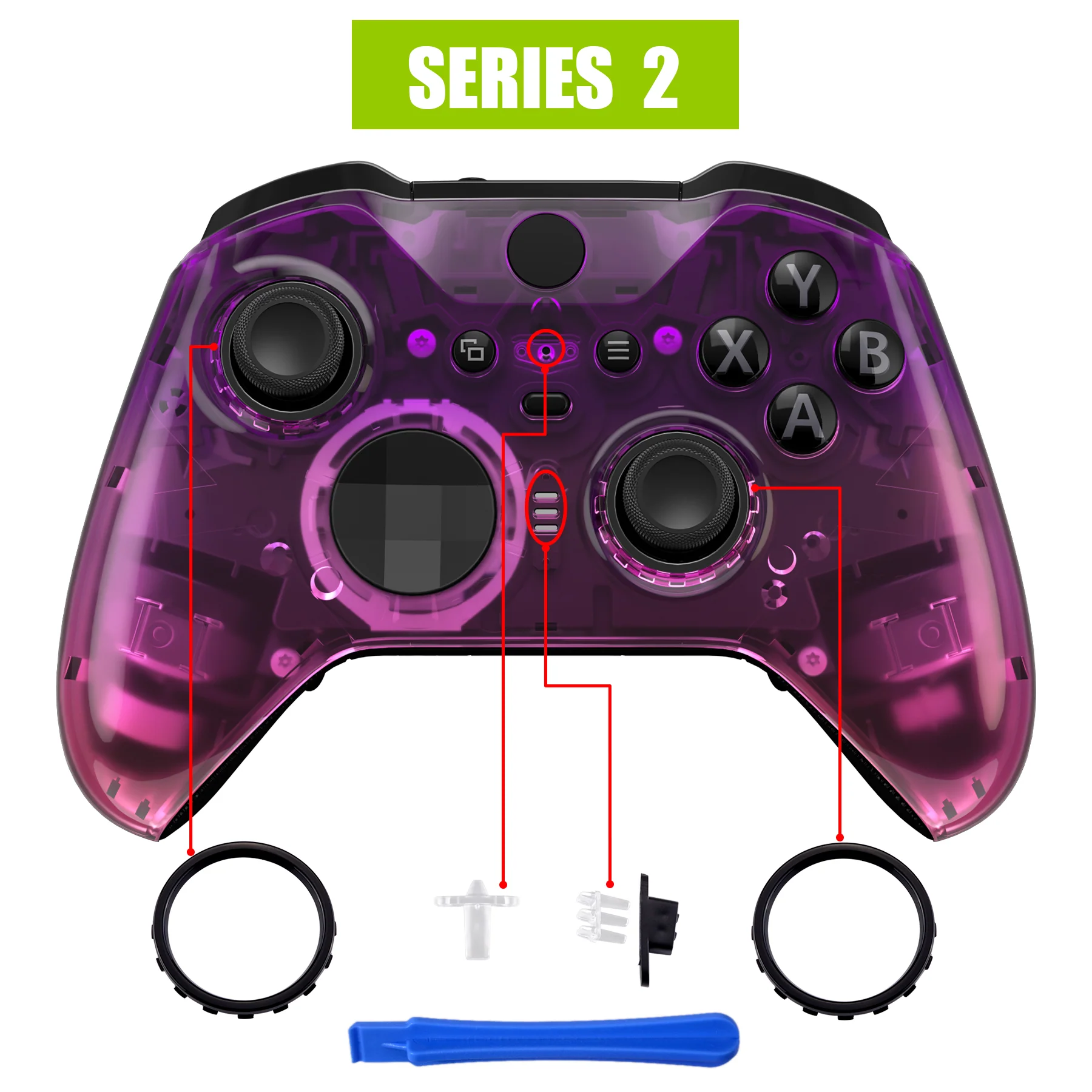 eXtremeRate Replacement Front Housing Shell Case with Accent Rings for Xbox One Elite Series 2 & Elite 2 Core Controller (Model 1797) - Gradient Translucent Purple Rose Red Glossy - Image 4