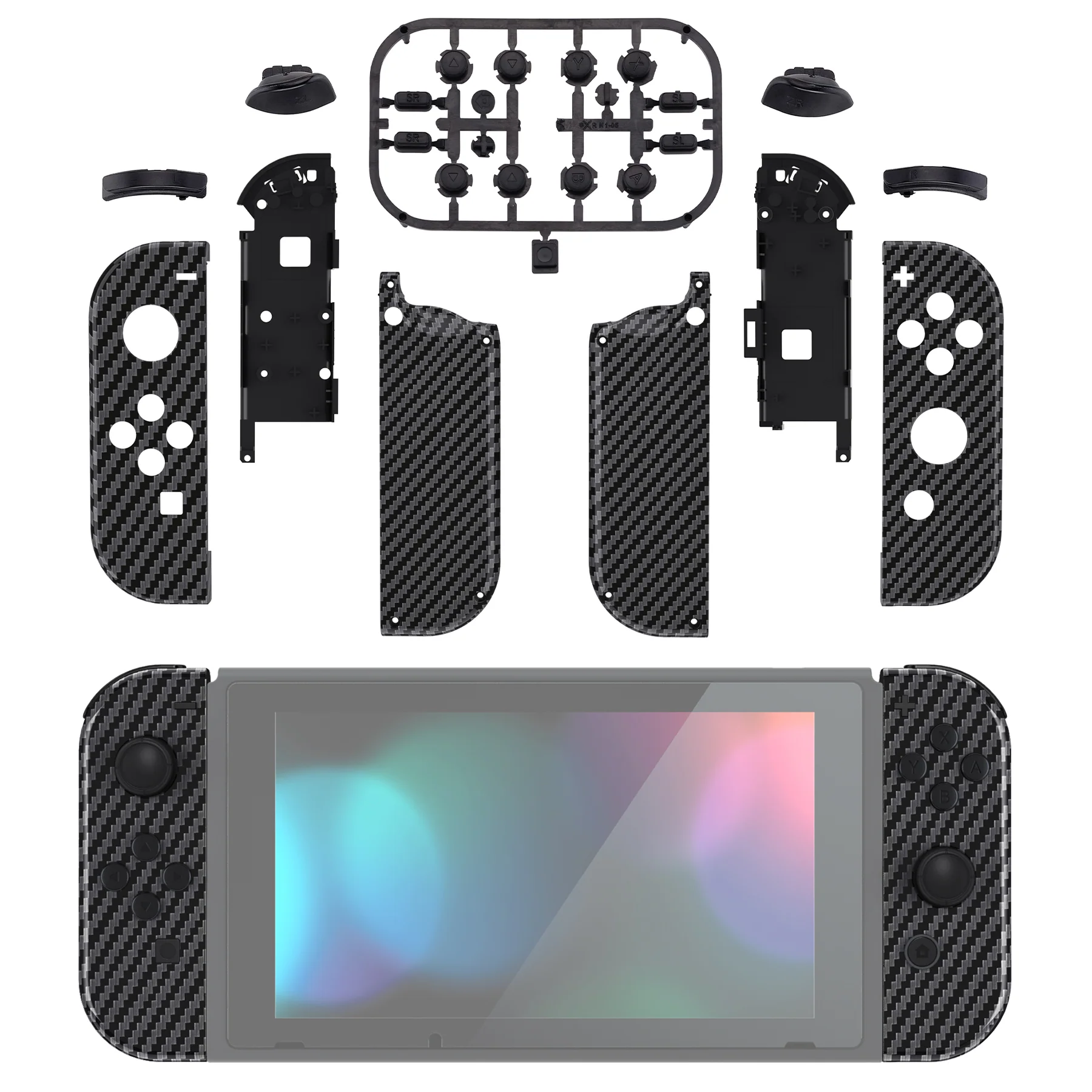 eXtremeRate Replacement Full Set Shell Case with Buttons for Joycon of NS Switch - Graphite Carbon Fiber - Image 3