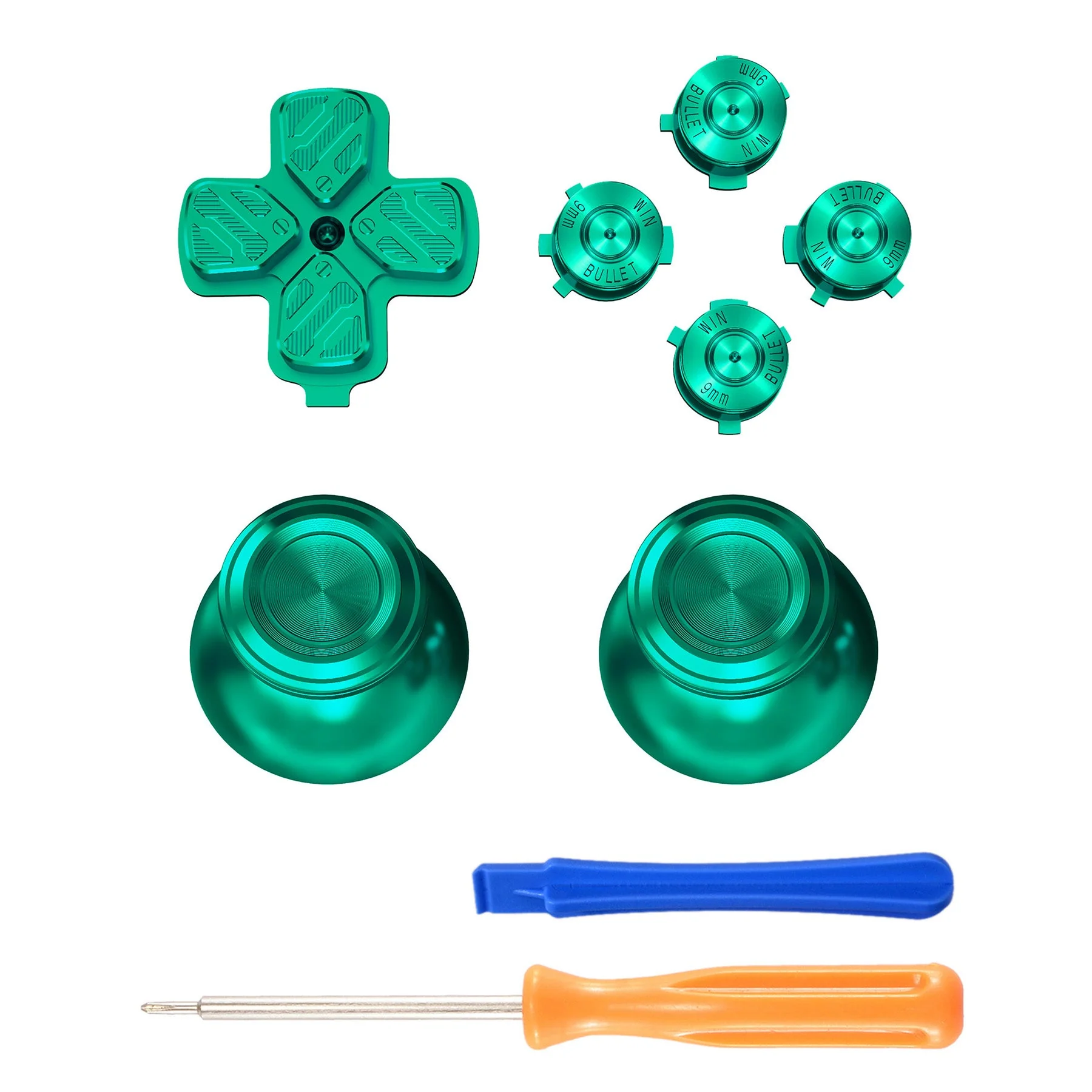 eXtremeRate Replacement Aluminum Metal Thumbsticks Dpad ABXY Buttons for PS5 Controller - Green - Image 2
