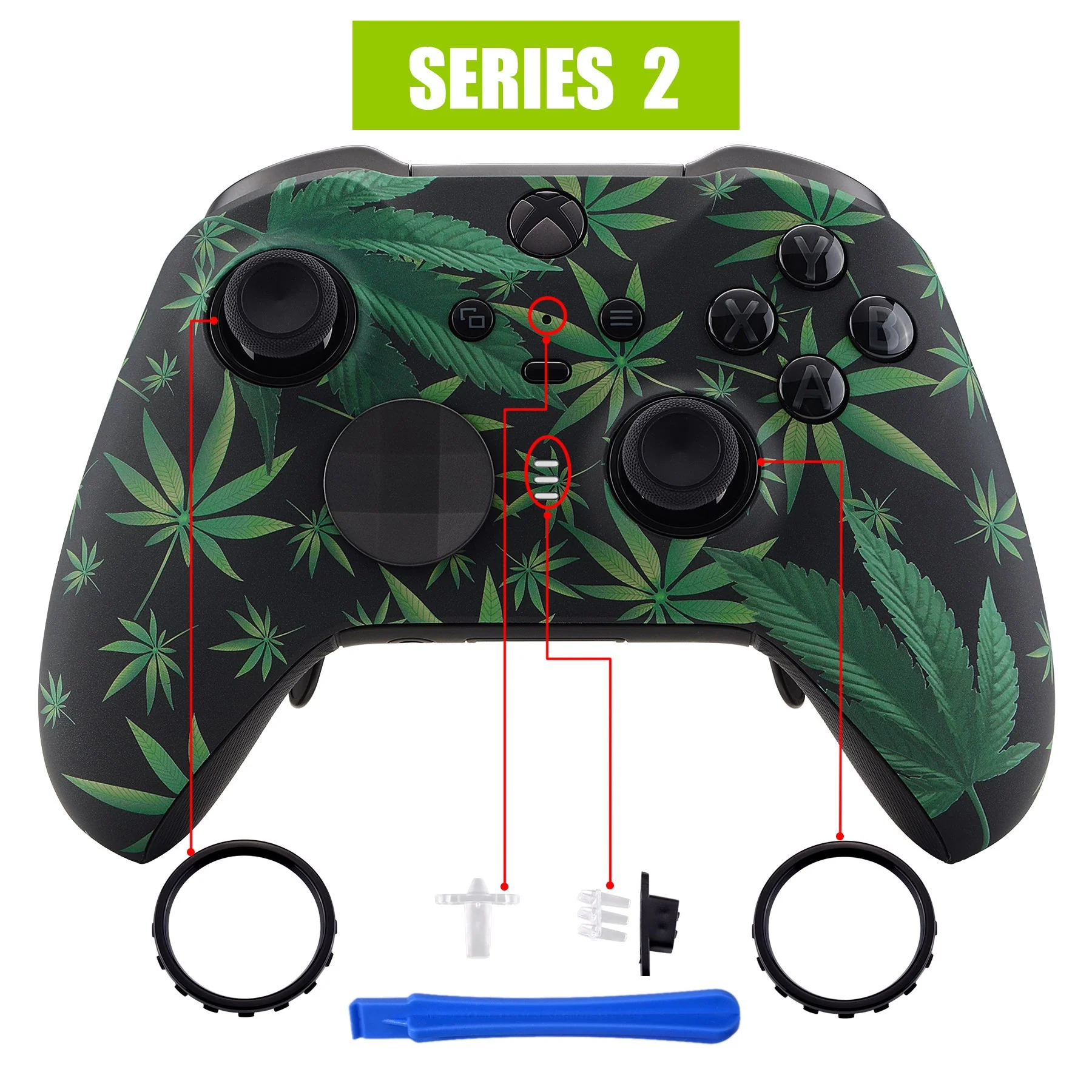 eXtremeRate Replacement Front Housing Shell Case with Accent Rings for Xbox One Elite Series 2 & Elite 2 Core Controller (Model 1797) - Green Weeds - Image 4