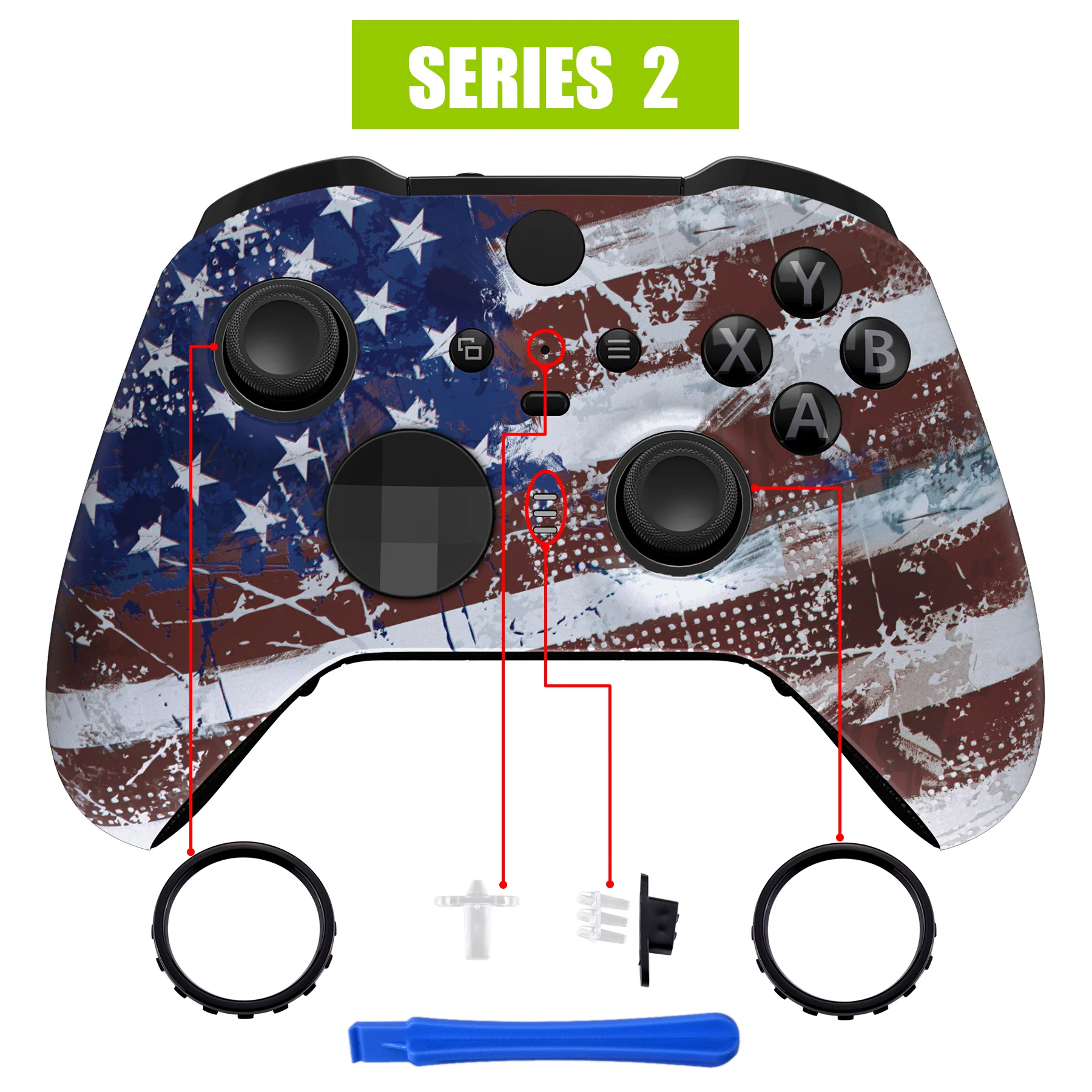 eXtremeRate Replacement Front Housing Shell Case with Accent Rings for Xbox One Elite Series 2 & Elite 2 Core Controller (Model 1797) - Impression US Flag - Image 4