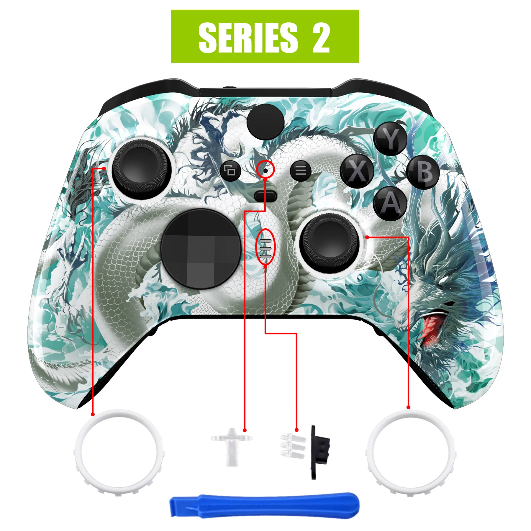eXtremeRate Replacement Front Housing Shell Case with Accent Rings for Xbox One Elite Series 2 & Elite 2 Core Controller (Model 1797) - Jade Dragon - Cloud Dominator - Image 4