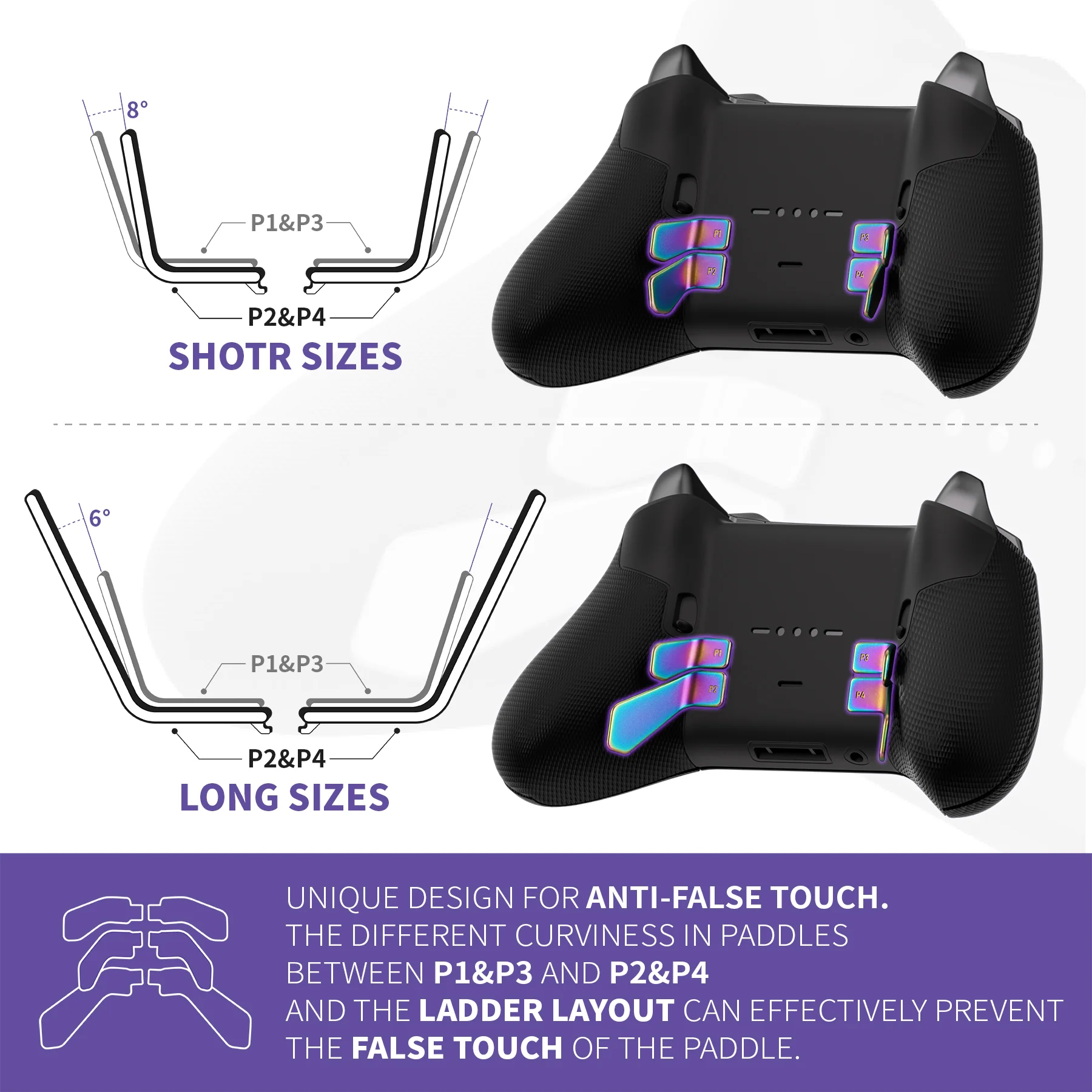 eXtremeRate 6 in 1 Metalic Replacement Interchangeable Swift Back Paddles for Xbox One Elite & Xbox Elite Series 2 & Elite 2 Core Controller - Rainbow Aura Blue & Purple - Image 3