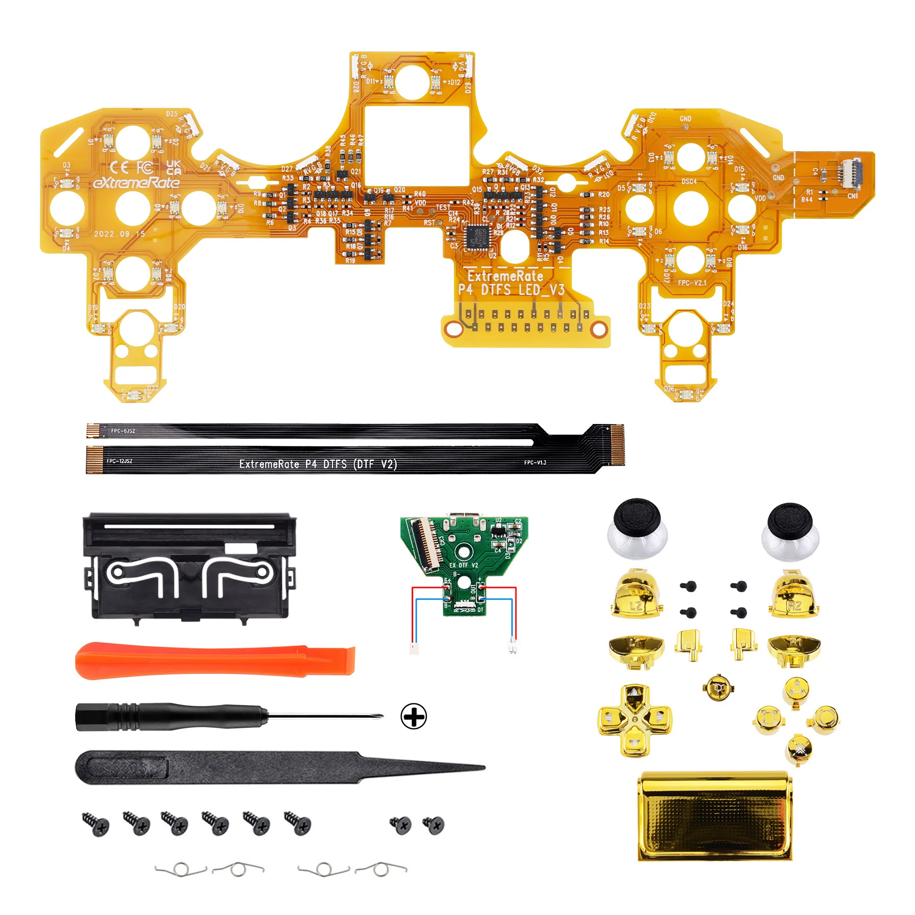 eXtremeRate Multi-Colors Luminated Buttons DTFS LED Kit for PS4 CUH-ZCT2 Controller - Chrome Gold - Image 5