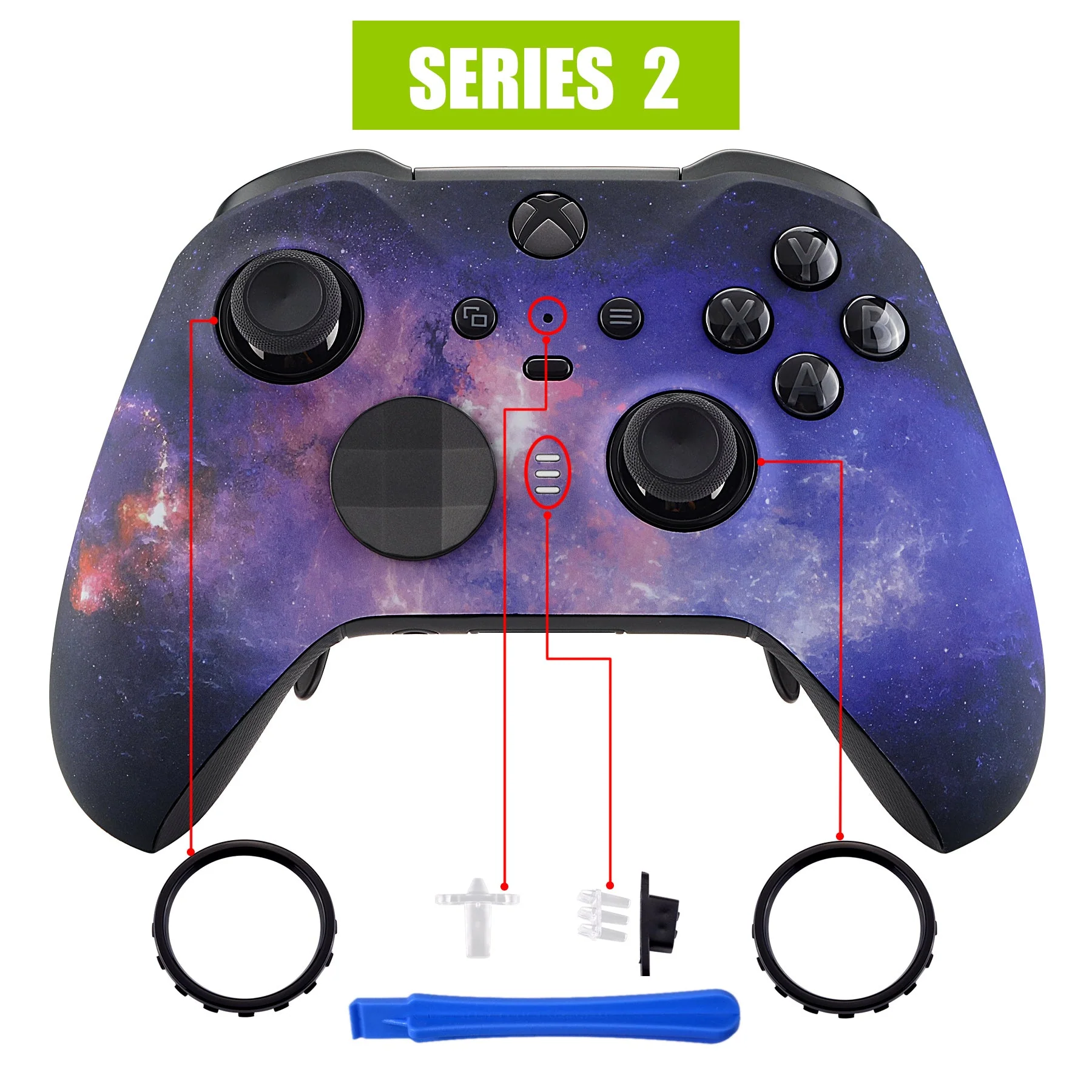 eXtremeRate Replacement Front Housing Shell Case with Accent Rings for Xbox One Elite Series 2 & Elite 2 Core Controller (Model 1797) - Nebula Galaxy - Image 4