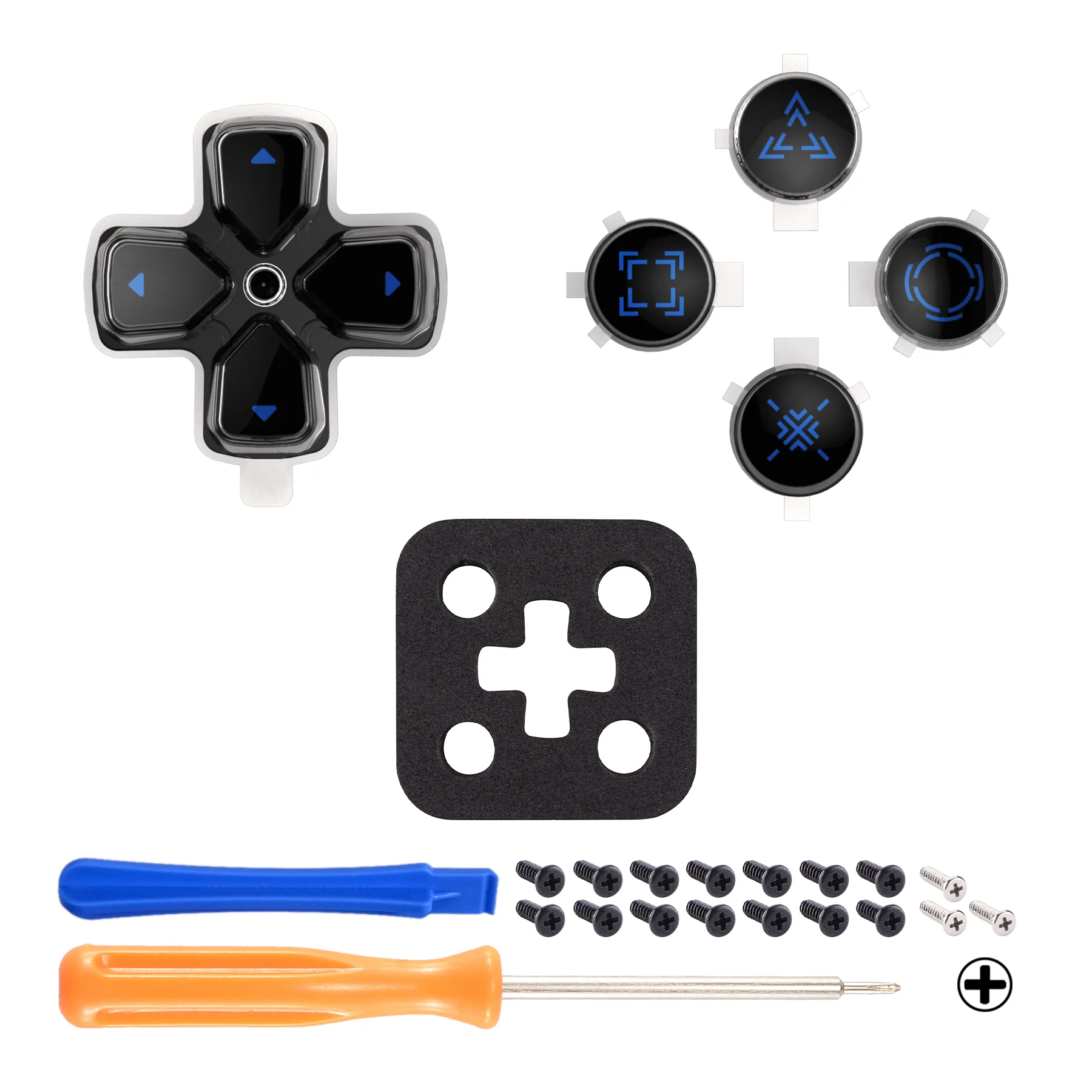 eXtremeRate Replacement Custom Three-Tone Dpad Action Buttons with Redesigned Symbols for PS5 Controller - Black & Clear & Blue - Image 3