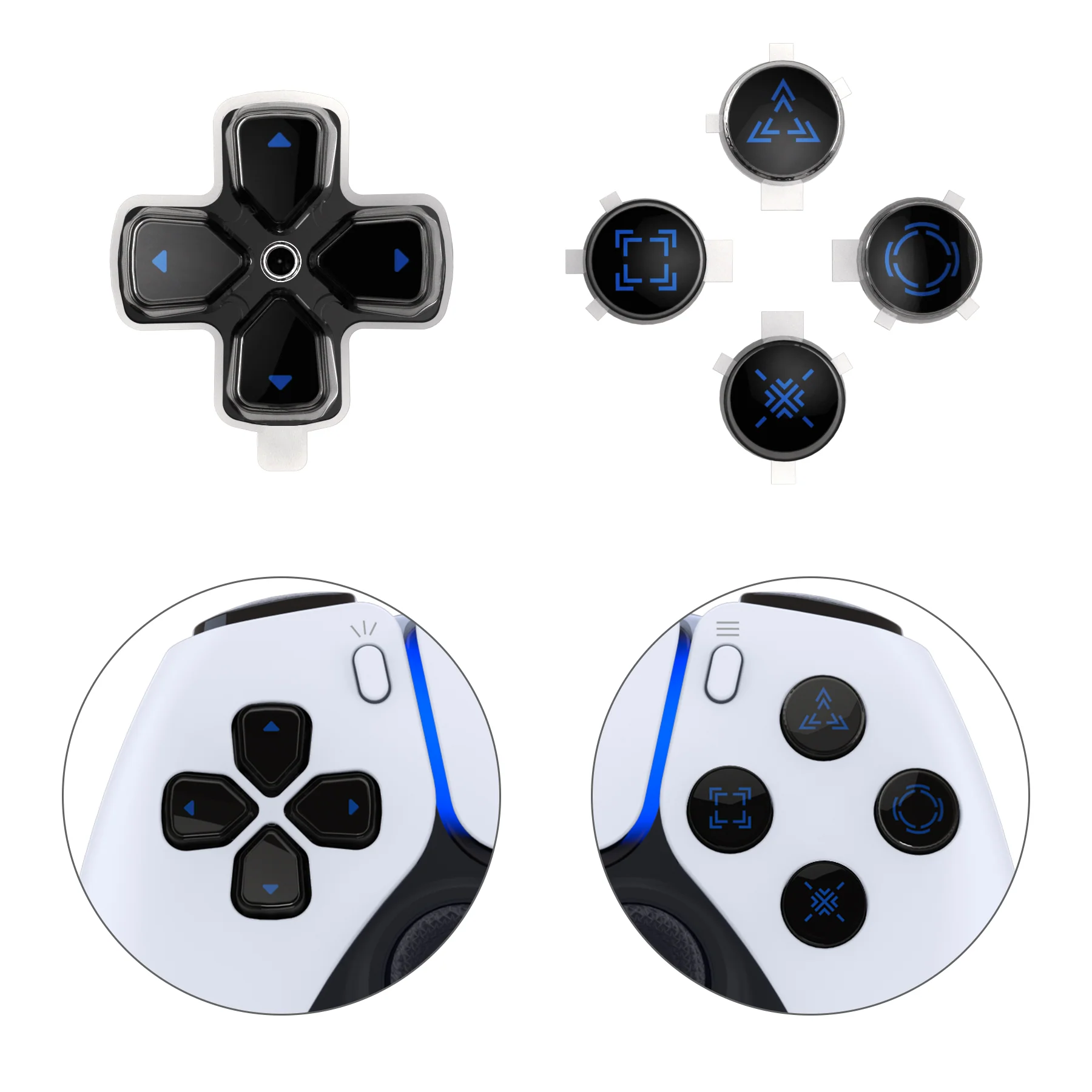 eXtremeRate Replacement Custom Three-Tone Dpad Action Buttons with Redesigned Symbols for PS5 Controller - Black & Clear & Blue - Image 7