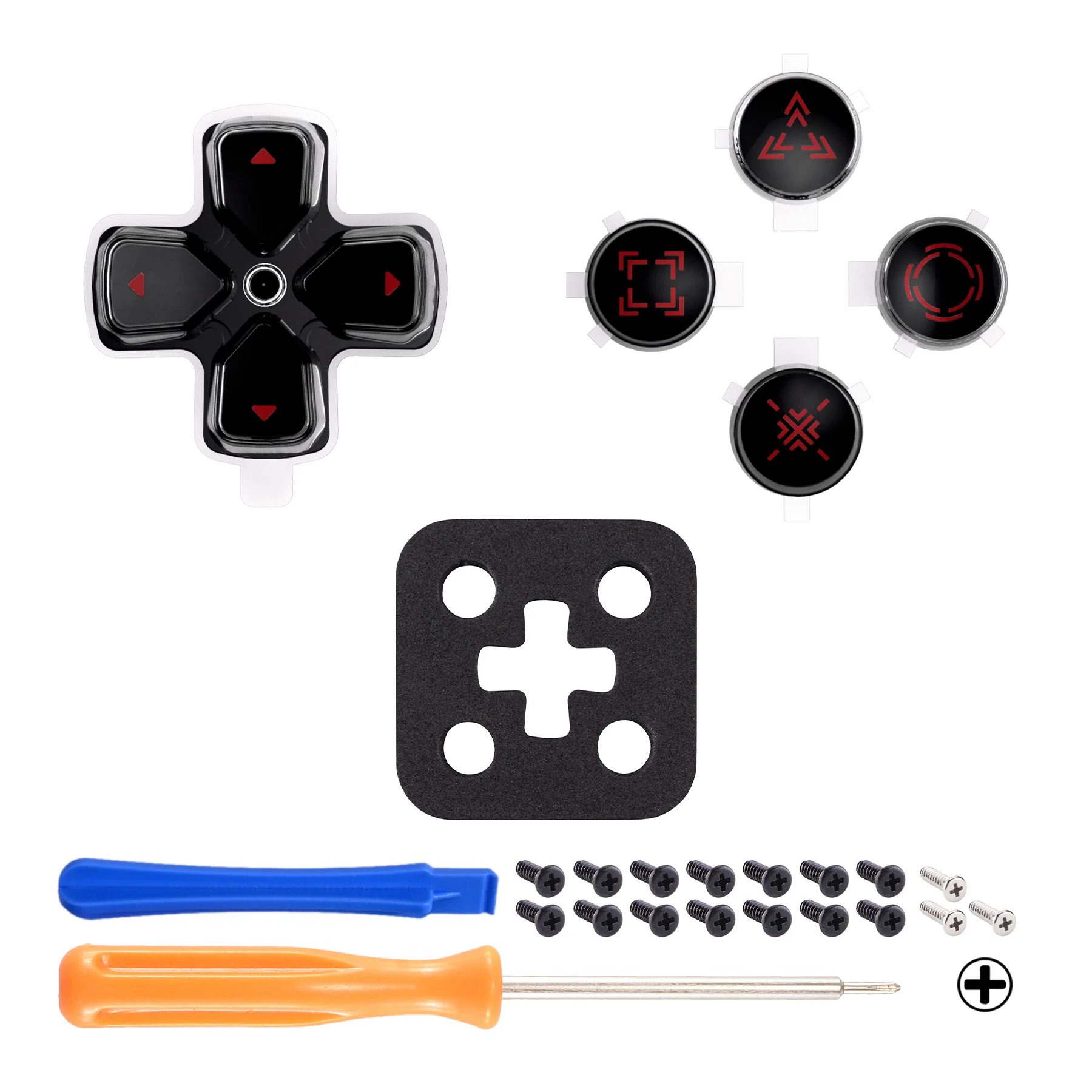 eXtremeRate Replacement Custom Three-Tone Dpad Action Buttons with Redesigned Symbols for PS5 Controller - Black & Clear & Carmine Red - Image 3