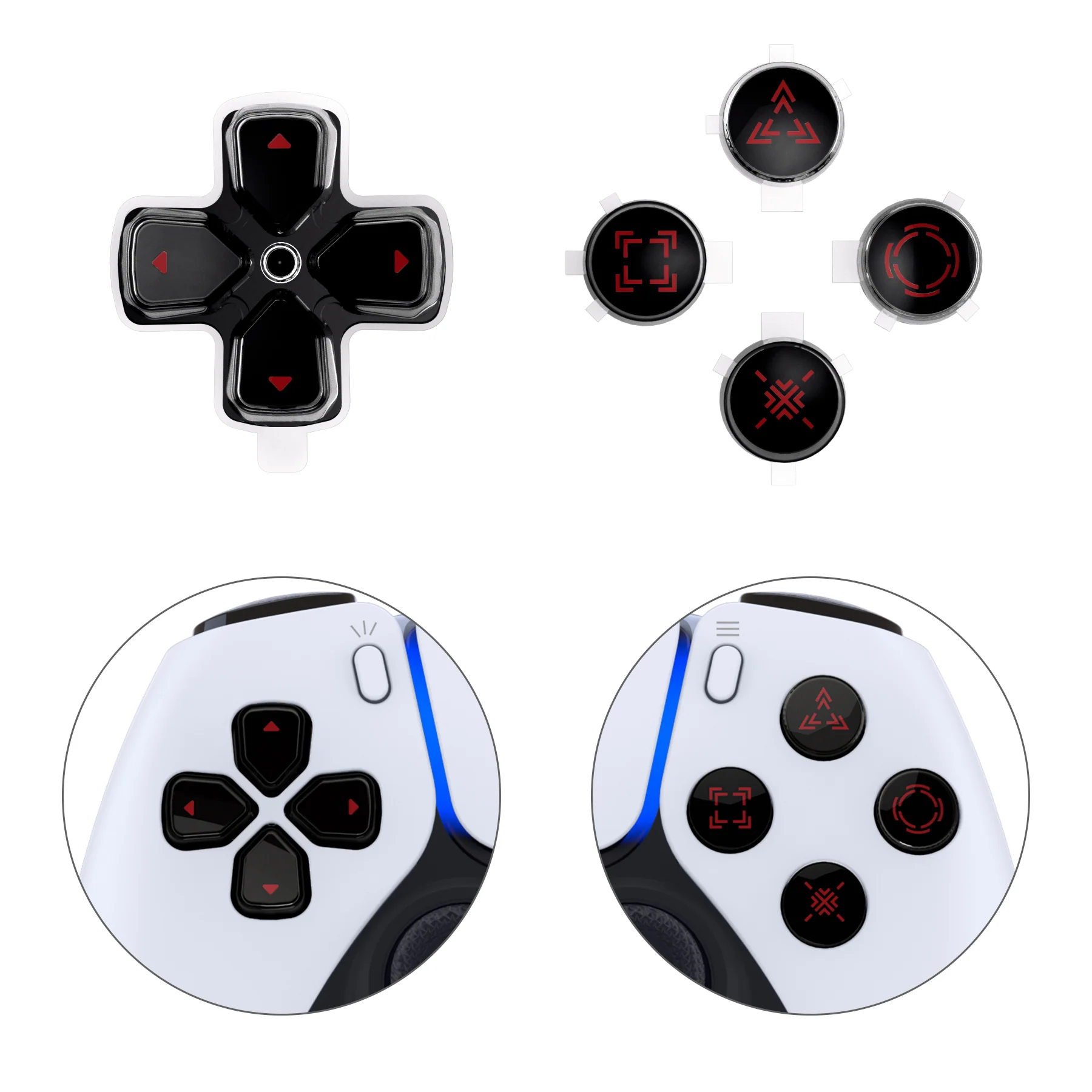 eXtremeRate Replacement Custom Three-Tone Dpad Action Buttons with Redesigned Symbols for PS5 Controller - Black & Clear & Carmine Red - Image 7