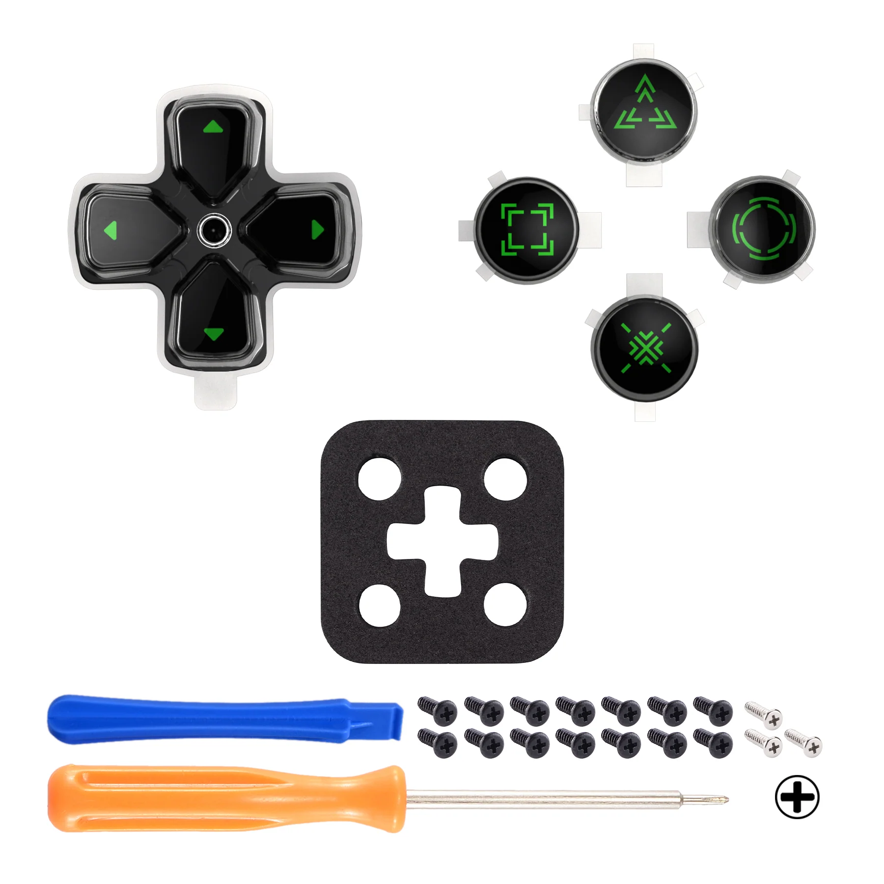 eXtremeRate Replacement Custom Three-Tone Dpad Action Buttons with Redesigned Symbols for PS5 Controller - Black & Clear & Green - Image 3