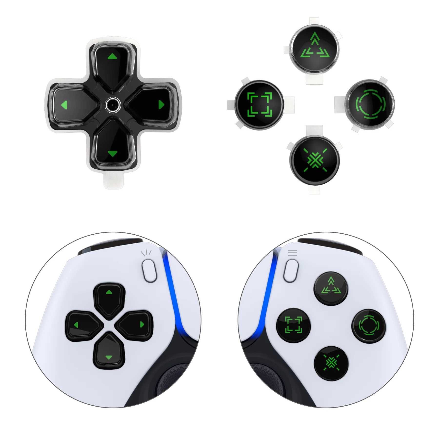 eXtremeRate Replacement Custom Three-Tone Dpad Action Buttons with Redesigned Symbols for PS5 Controller - Black & Clear & Green - Image 7