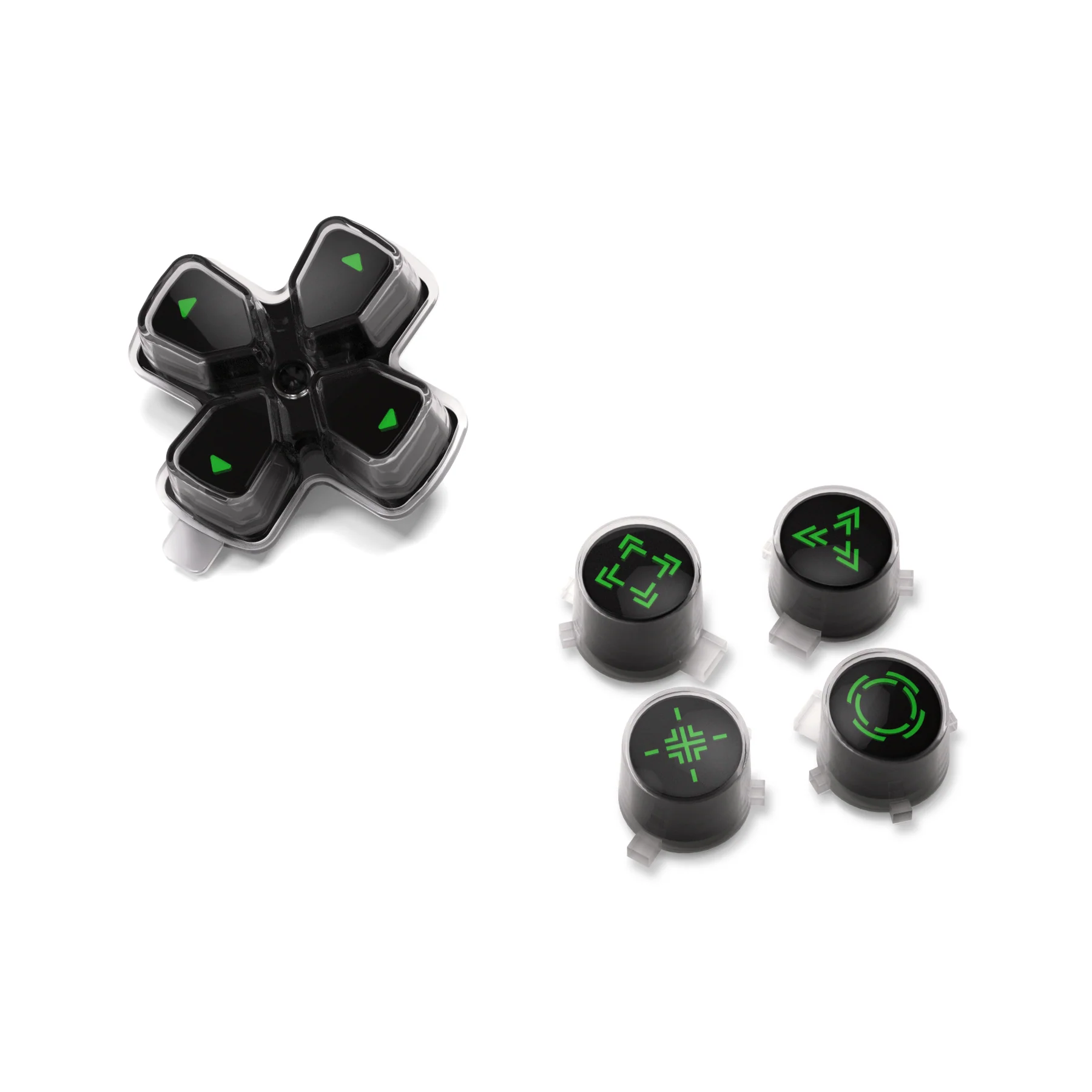 eXtremeRate Replacement Custom Three-Tone Dpad Action Buttons with Redesigned Symbols for PS5 Controller - Black & Clear & Green - Image 9