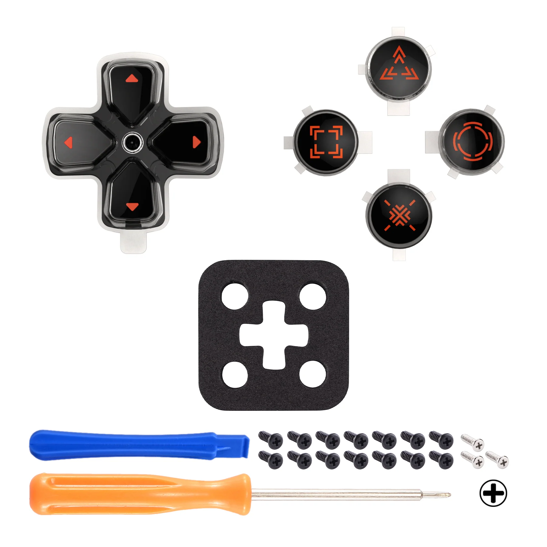 eXtremeRate Replacement Custom Three-Tone Dpad Action Buttons with Redesigned Symbols for PS5 Controller - Black & Clear & Orange - Image 3