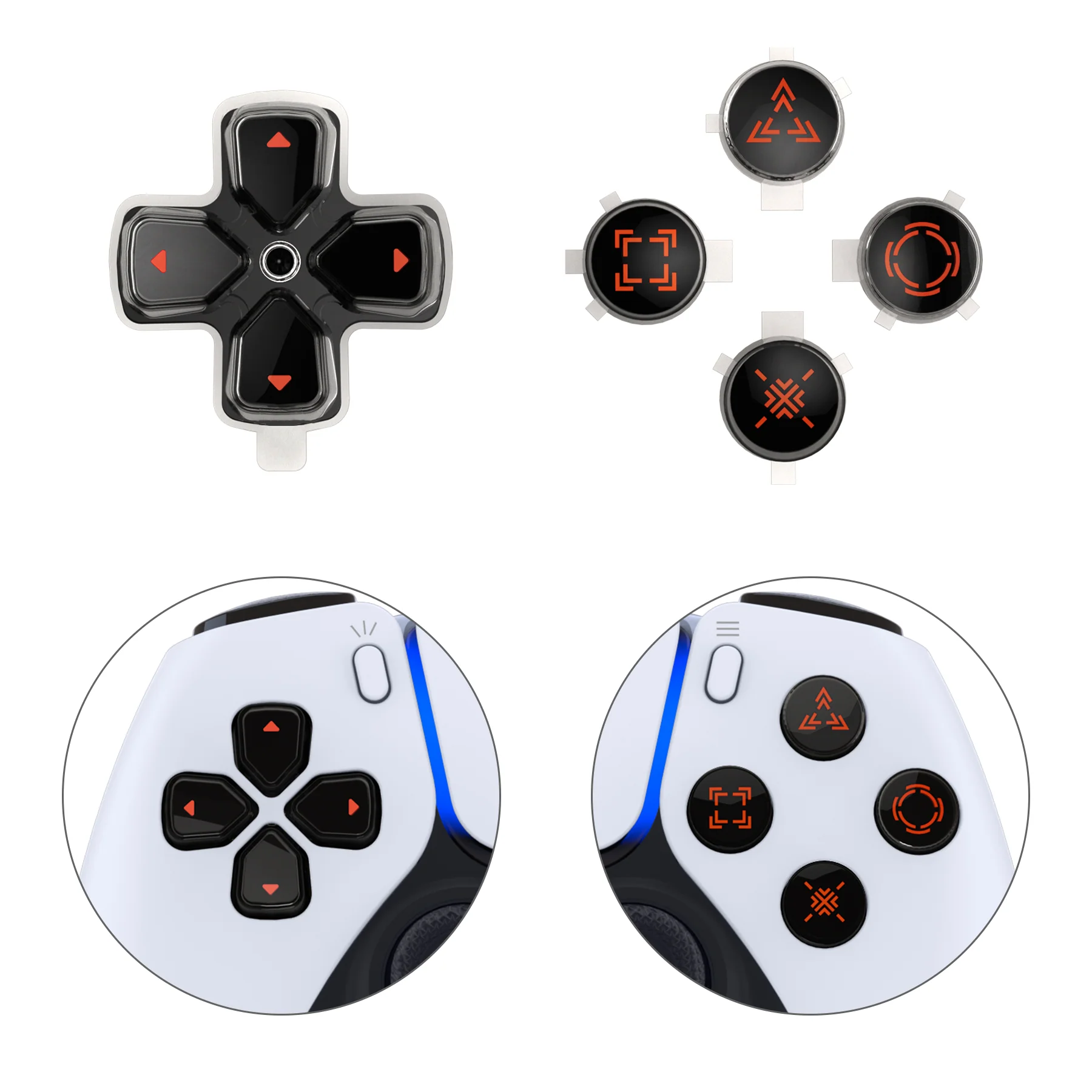 eXtremeRate Replacement Custom Three-Tone Dpad Action Buttons with Redesigned Symbols for PS5 Controller - Black & Clear & Orange - Image 7