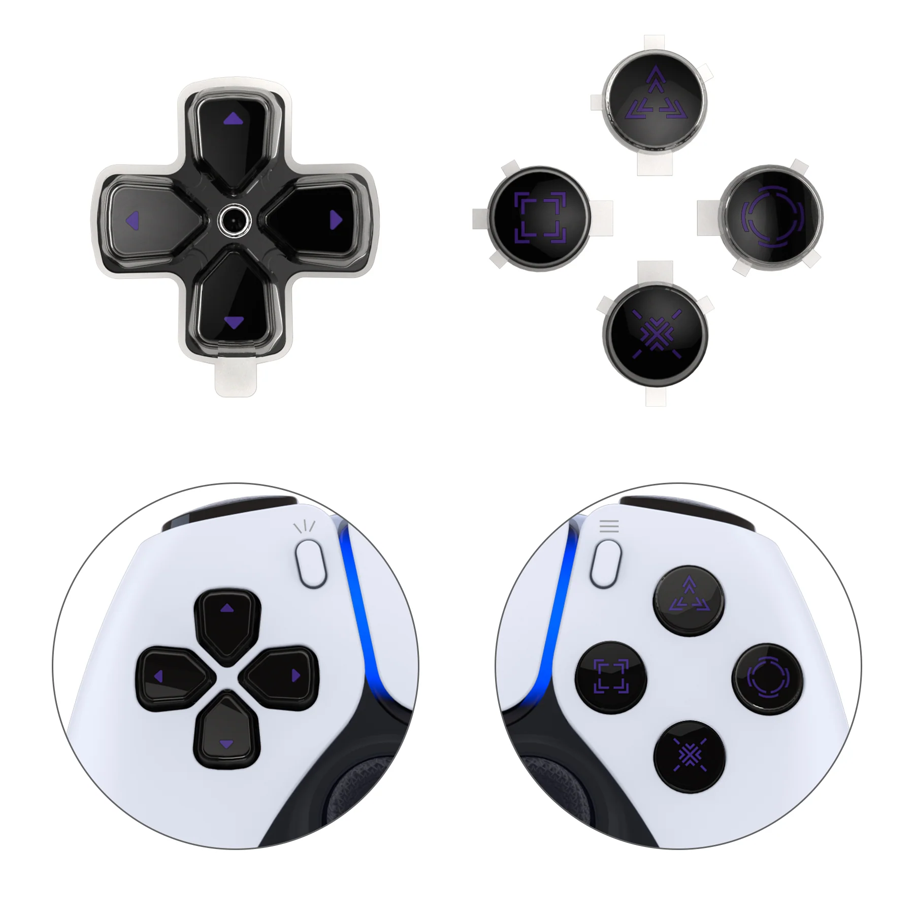 eXtremeRate Replacement Custom Three-Tone Dpad Action Buttons with Redesigned Symbols for PS5 Controller - Black & Clear & Purple - Image 7