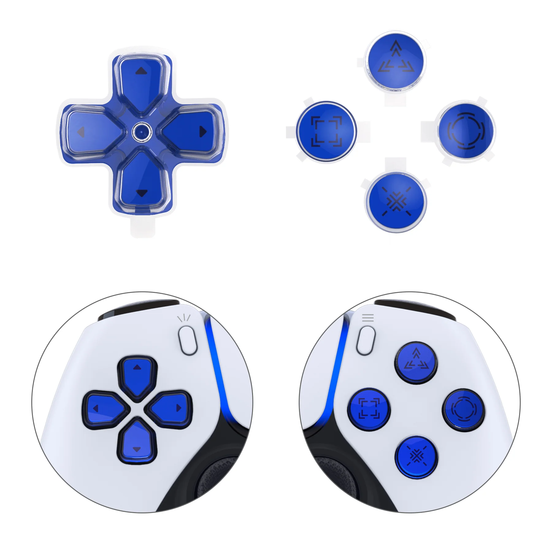 eXtremeRate Replacement Custom Three-Tone Dpad Action Buttons with Redesigned Symbols for PS5 Controller - Blue & Clear & Black - Image 7