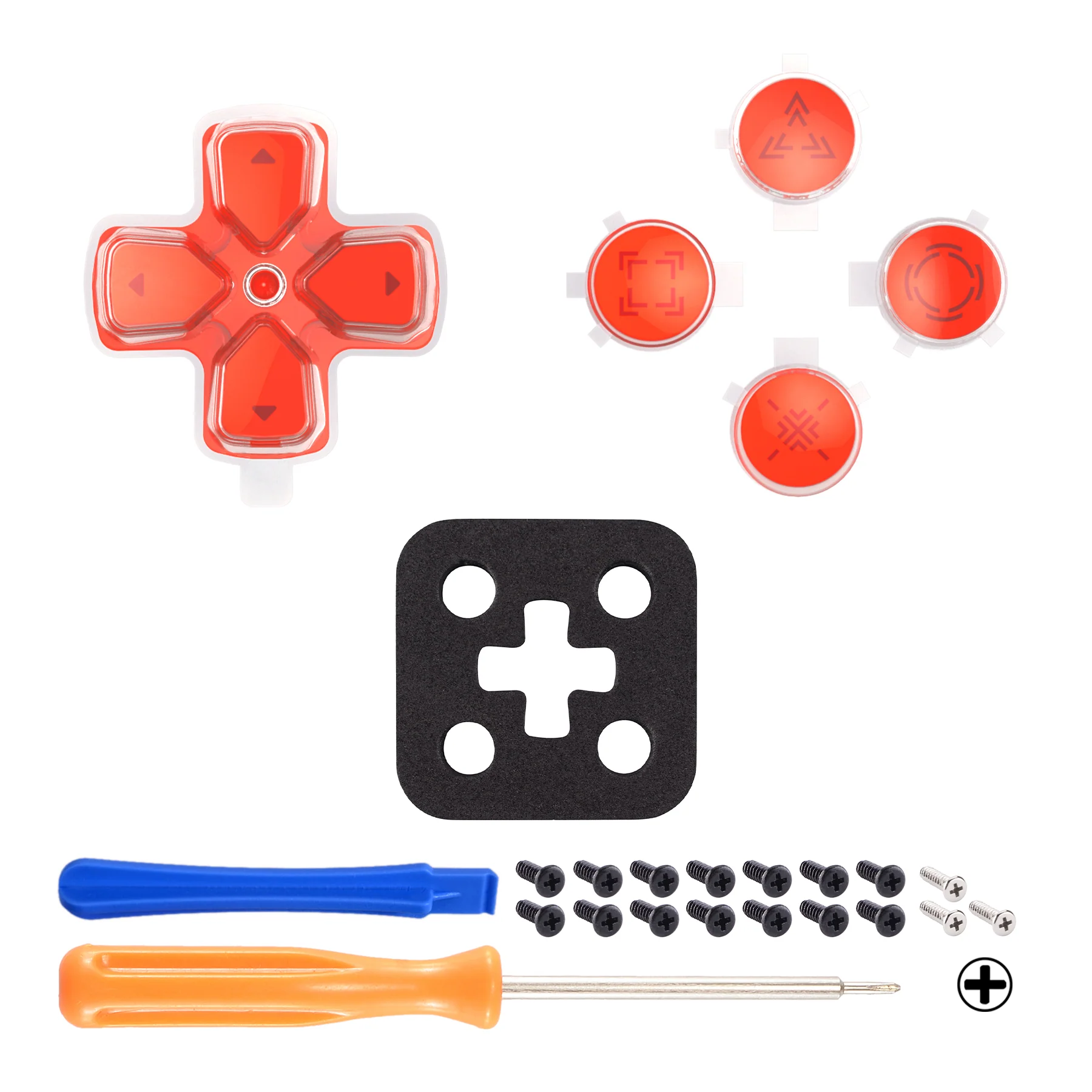 eXtremeRate Replacement Custom Three-Tone Dpad Action Buttons with Redesigned Symbols for PS5 Controller - Orange & Clear & Red - Image 3