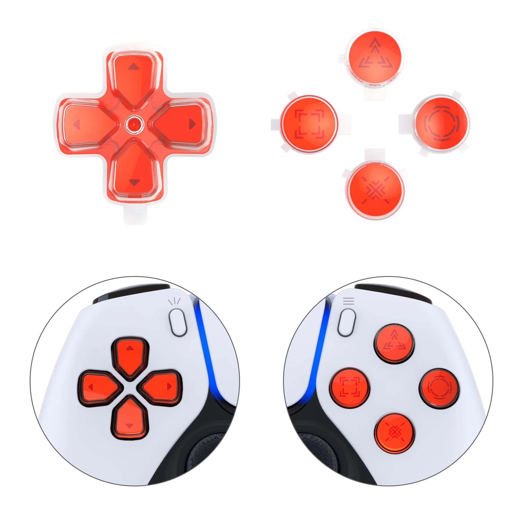 eXtremeRate Replacement Custom Three-Tone Dpad Action Buttons with Redesigned Symbols for PS5 Controller - Orange & Clear & Red - Image 7