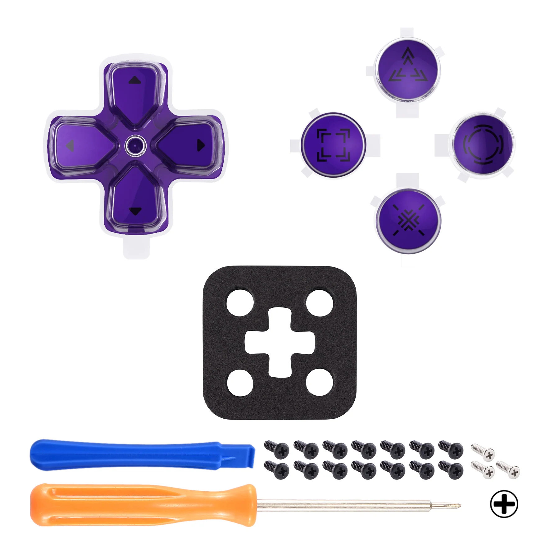 eXtremeRate Replacement Custom Three-Tone Dpad Action Buttons with Redesigned Symbols for PS5 Controller - Purple & Clear & Black - Image 3