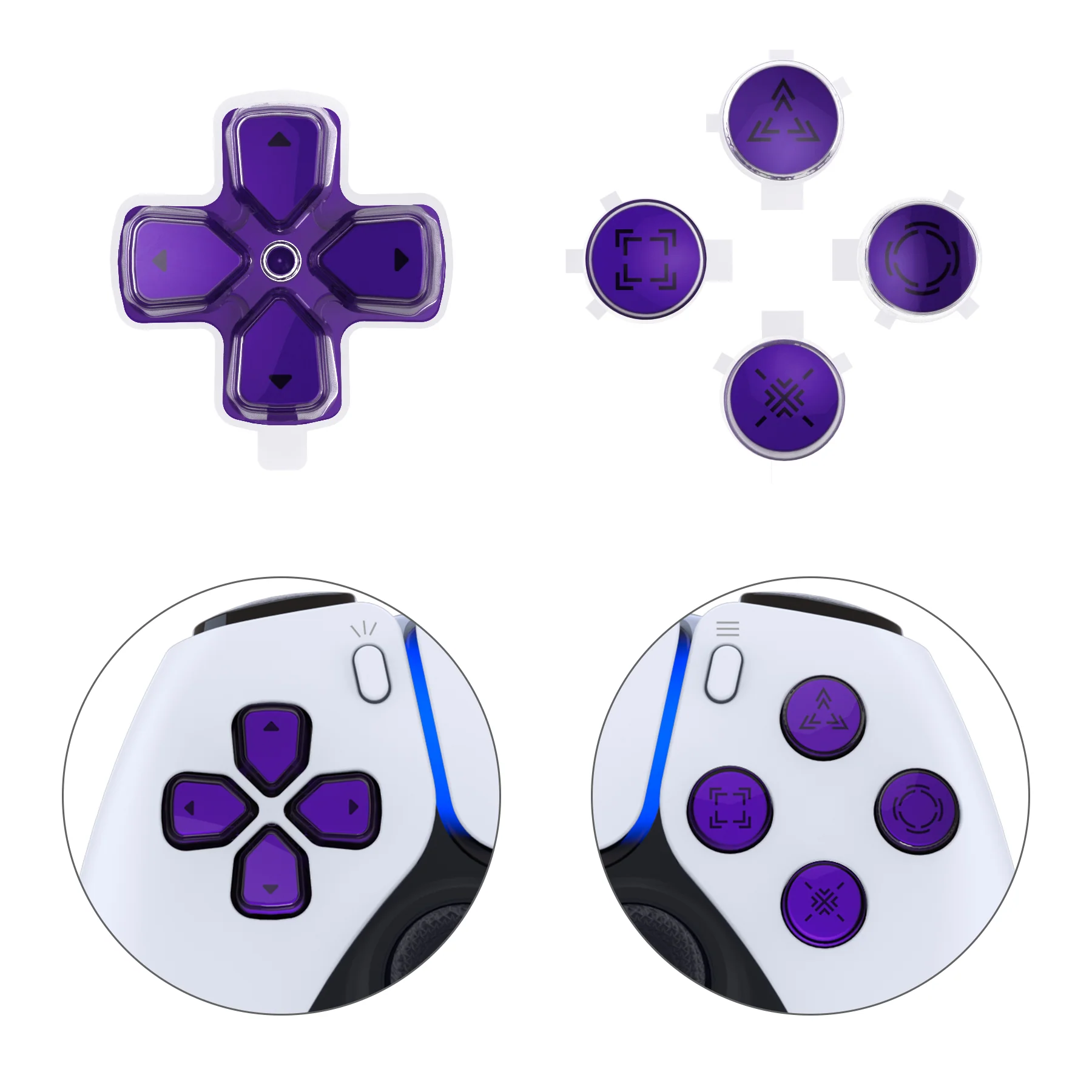 eXtremeRate Replacement Custom Three-Tone Dpad Action Buttons with Redesigned Symbols for PS5 Controller - Purple & Clear & Black - Image 7