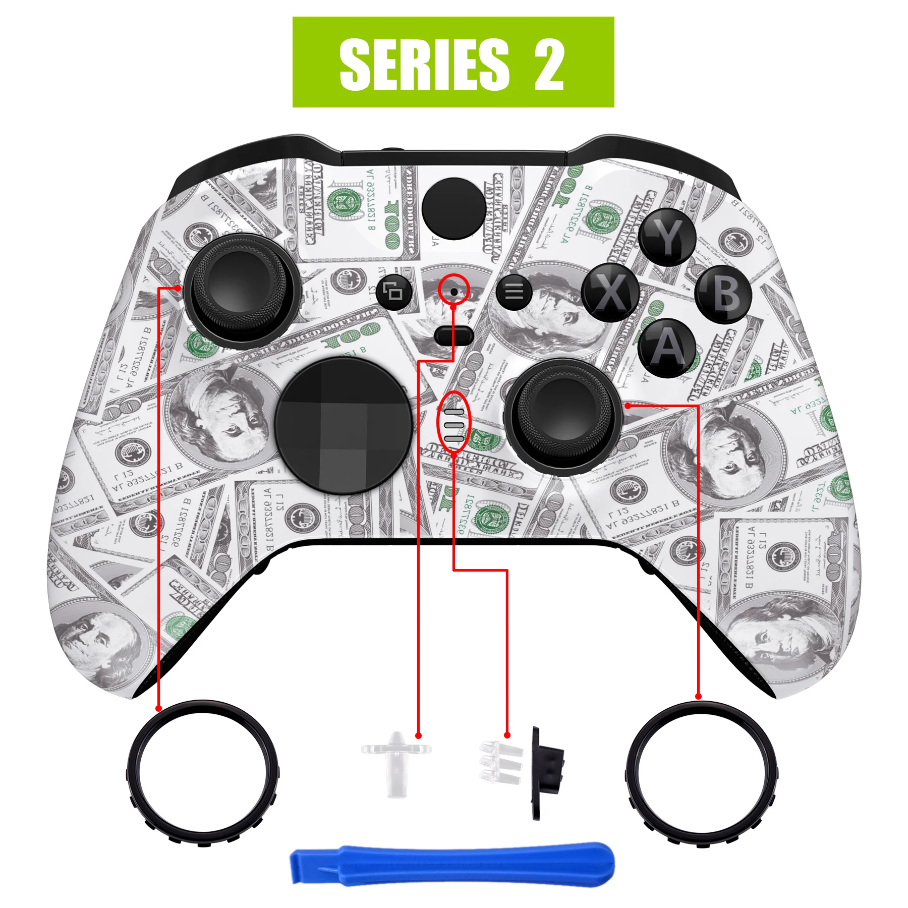 eXtremeRate Replacement Front Housing Shell Case with Accent Rings for Xbox One Elite Series 2 & Elite 2 Core Controller (Model 1797) - The $100 Cash Money - Image 4