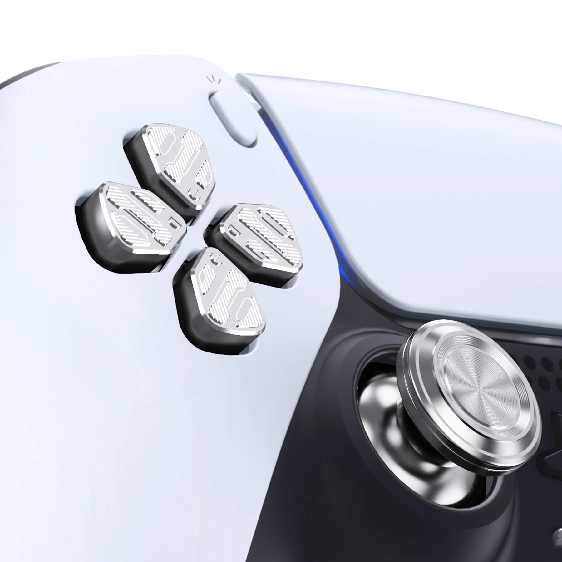 eXtremeRate Replacement Aluminum Metal Thumbsticks Dpad ABXY Buttons for PS5 Controller - Silver - Image 5