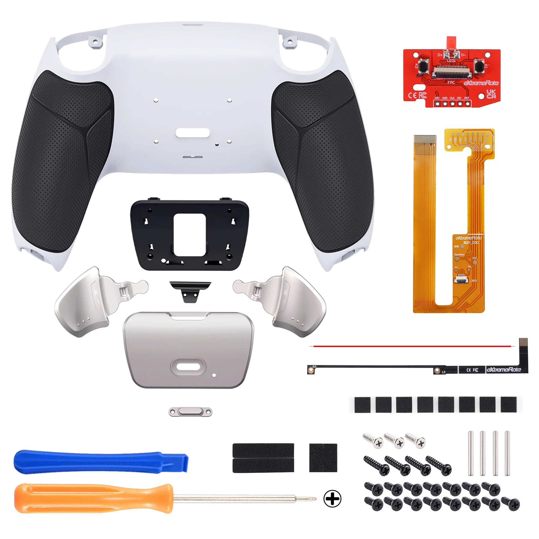 eXtremeRate Silver Real Metal Buttons (RMB) Version RISE Remap Kit for PS5 Controller BDM-030/040/050 - Rubberized Black with White Back Shell - Image 3