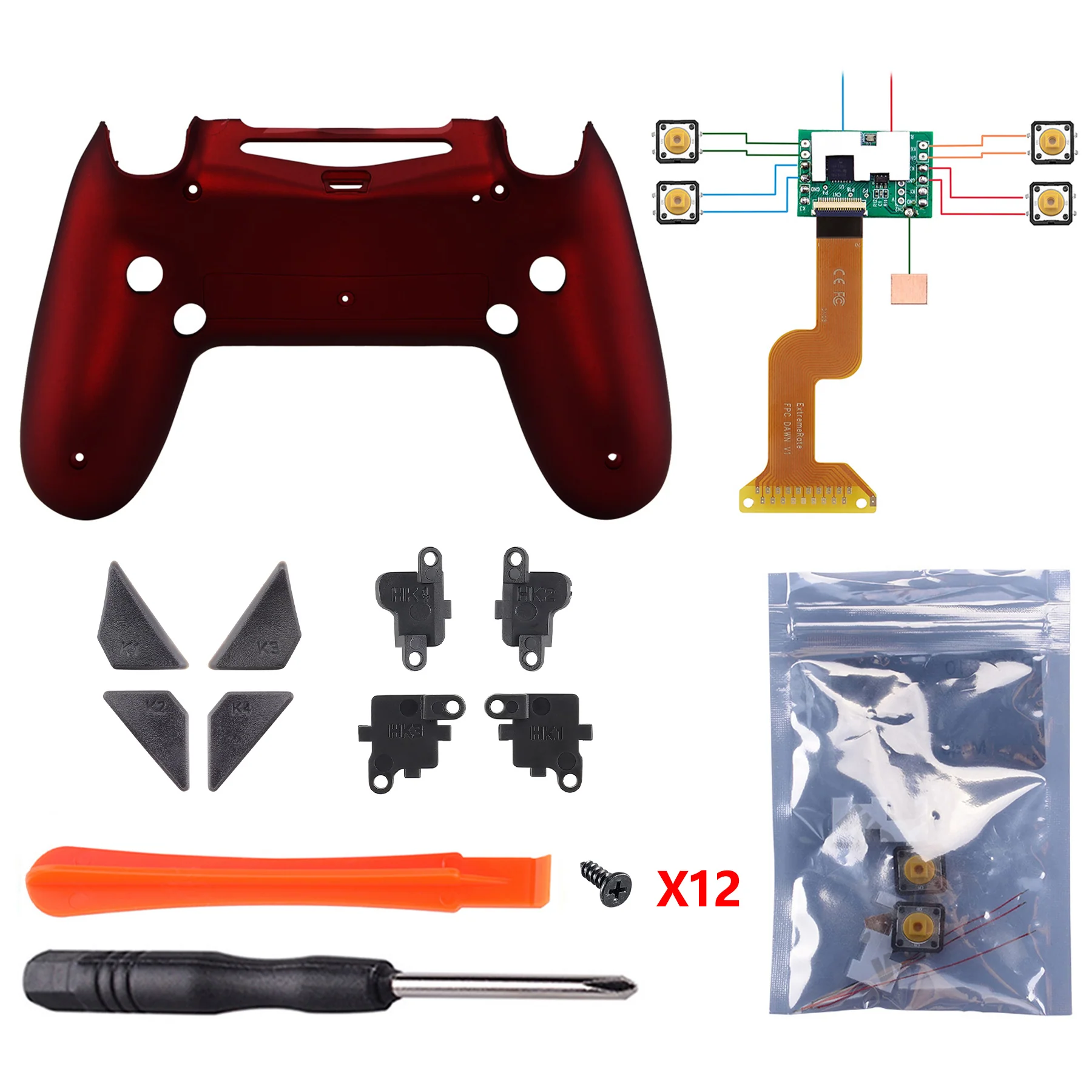 eXtremeRate Dawn Remappable Remap Kit with Redesigned Back Shell & 4 Back Buttons for PS4 Controller JDM 040/050/055 - Scarlet Red - Image 4