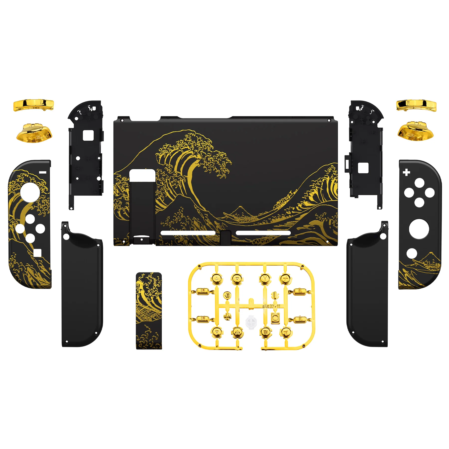 eXtremeRate Replacement Full Set Shells with Buttons for Nintendo Switch - The Great GOLDEN Wave Off Kanagawa - Black - Image 2