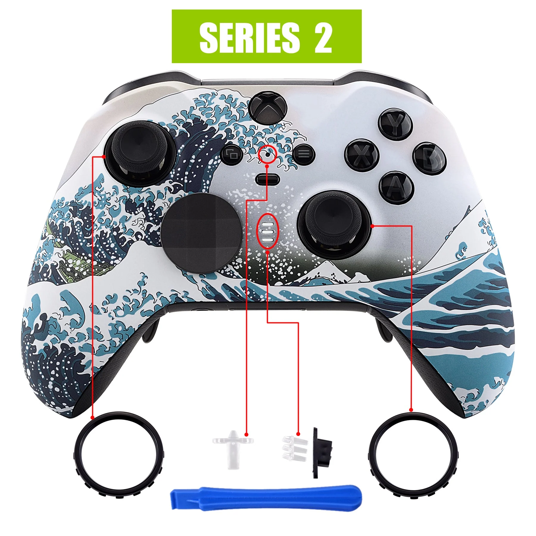 eXtremeRate Replacement Front Housing Shell Case with Accent Rings for Xbox One Elite Series 2 & Elite 2 Core Controller (Model 1797) - The Great Wave - Image 4