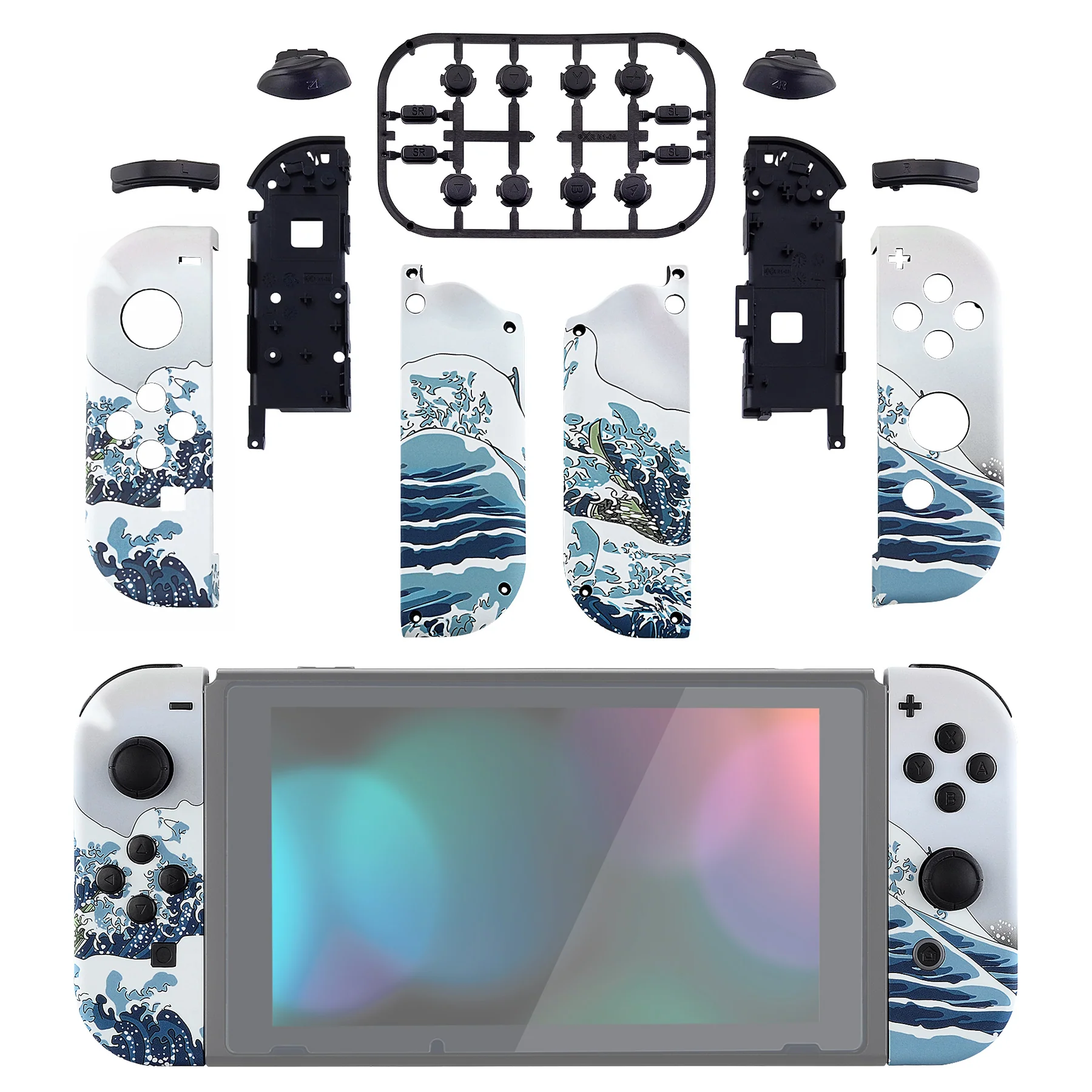eXtremeRate Replacement Full Set Shell Case with Buttons for Joycon of NS Switch - The Great Wave Patterned - Image 3