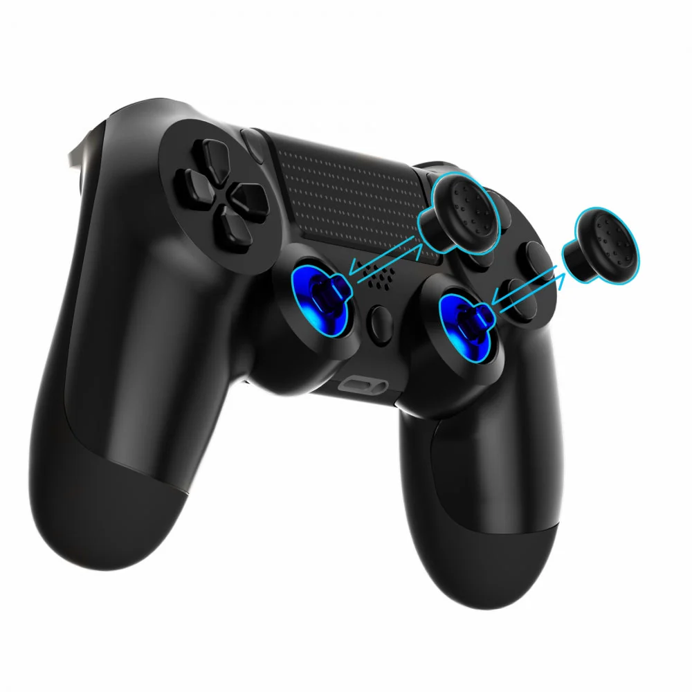 eXtremeRate ThumbsGear Interchangeable Ergonomic Thumbstick with 3 Height Domed and Concave Grips Adjustable Joystick for PS5 & PS4 Controller - Chrome Glossy Blue & Black - Image 2