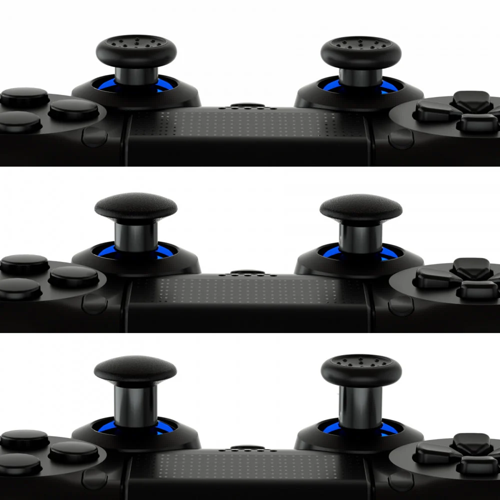 eXtremeRate ThumbsGear Interchangeable Ergonomic Thumbstick with 3 Height Domed and Concave Grips Adjustable Joystick for PS5 & PS4 Controller - Chrome Glossy Blue & Black - Image 3