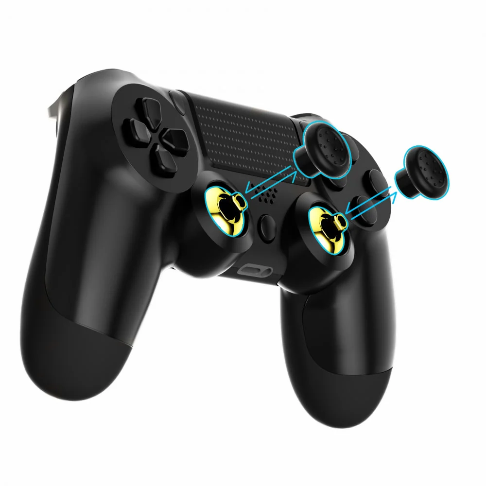 eXtremeRate ThumbsGear Interchangeable Ergonomic Thumbstick with 3 Height Domed and Concave Grips Adjustable Joystick for PS5 & PS4 Controller - Chrome Glossy Gold & Black - Image 2