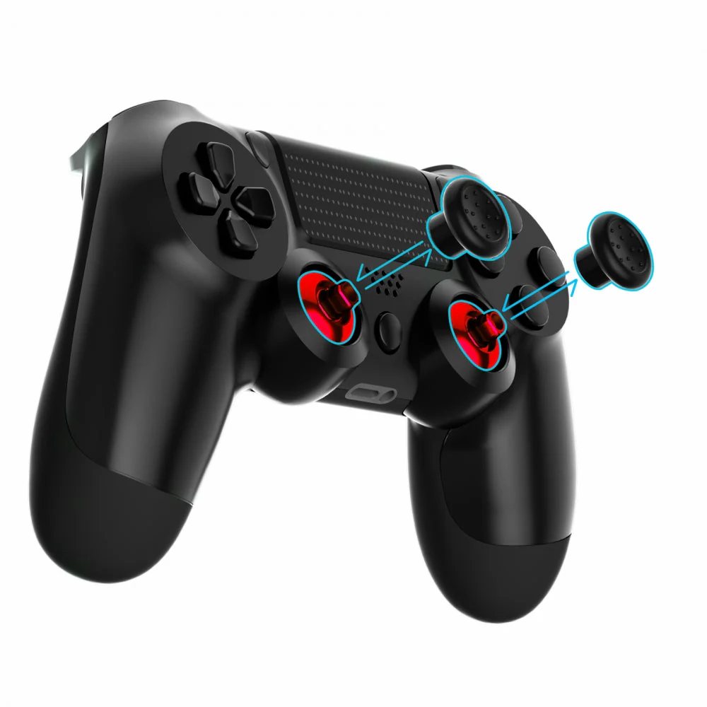 eXtremeRate ThumbsGear Interchangeable Ergonomic Thumbstick with 3 Height Domed and Concave Grips Adjustable Joystick for PS5 & PS4 Controller - Chrome Glossy Red & Black - Image 2