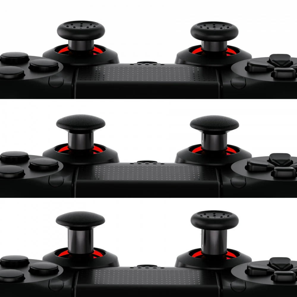 eXtremeRate ThumbsGear Interchangeable Ergonomic Thumbstick with 3 Height Domed and Concave Grips Adjustable Joystick for PS5 & PS4 Controller - Chrome Glossy Red & Black - Image 3