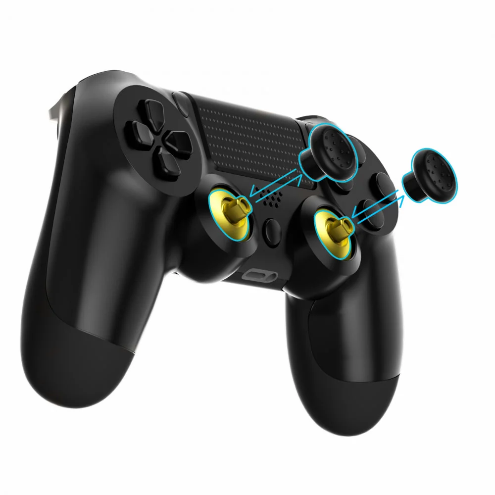 eXtremeRate ThumbsGear Interchangeable Ergonomic Thumbstick with 3 Height Domed and Concave Grips Adjustable Joystick for PS5 & PS4 Controller - Chrome Gold & Black - Image 2