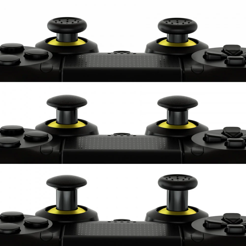 eXtremeRate ThumbsGear Interchangeable Ergonomic Thumbstick with 3 Height Domed and Concave Grips Adjustable Joystick for PS5 & PS4 Controller - Chrome Gold & Black - Image 3