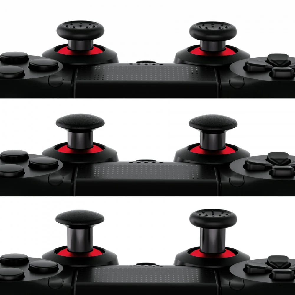 eXtremeRate ThumbsGear Interchangeable Ergonomic Thumbstick with 3 Height Domed and Concave Grips Adjustable Joystick for PS5 & PS4 Controller - Chrome Red & Black - Image 3