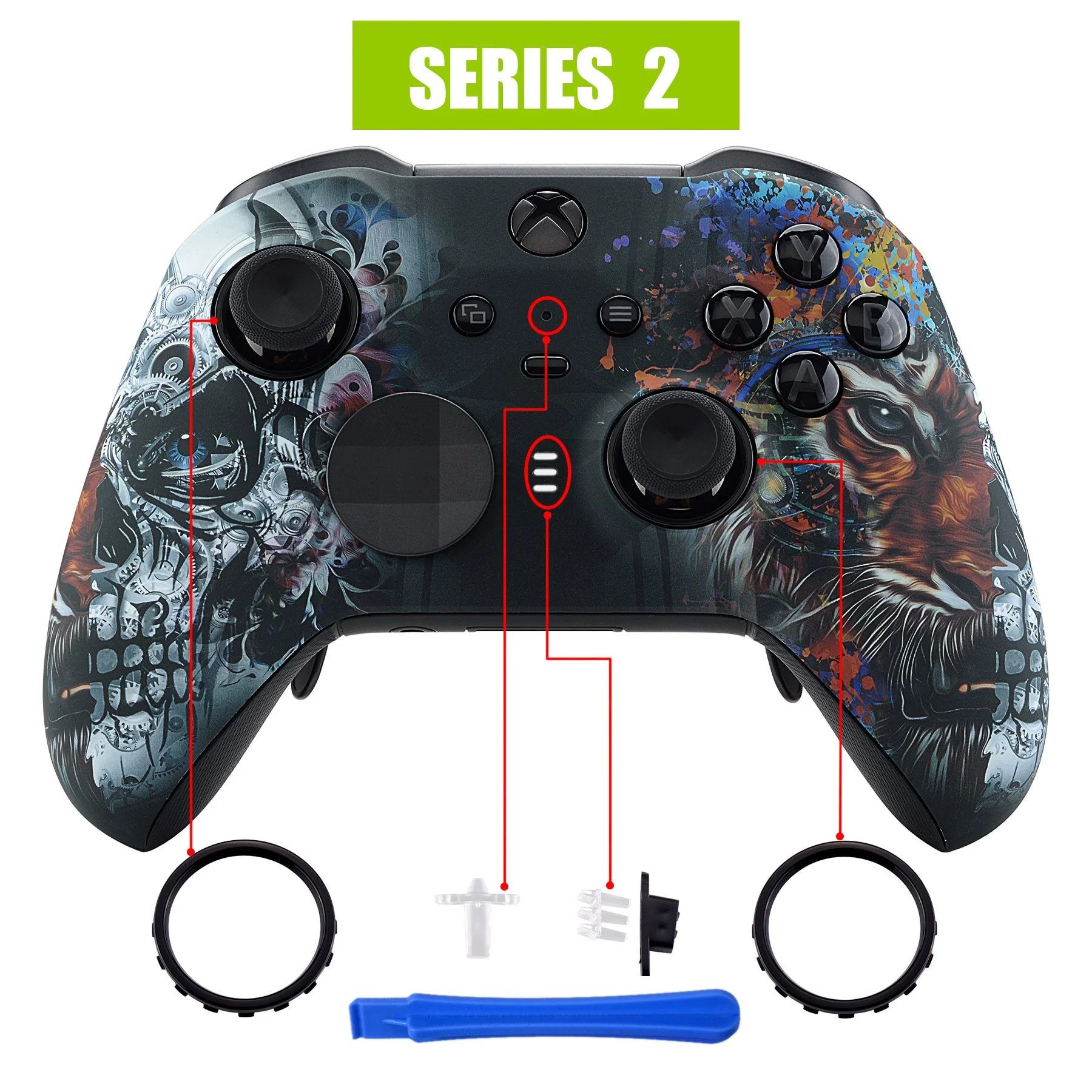 eXtremeRate Replacement Front Housing Shell Case with Accent Rings for Xbox One Elite Series 2 & Elite 2 Core Controller (Model 1797) - Tiger Skull - Image 4
