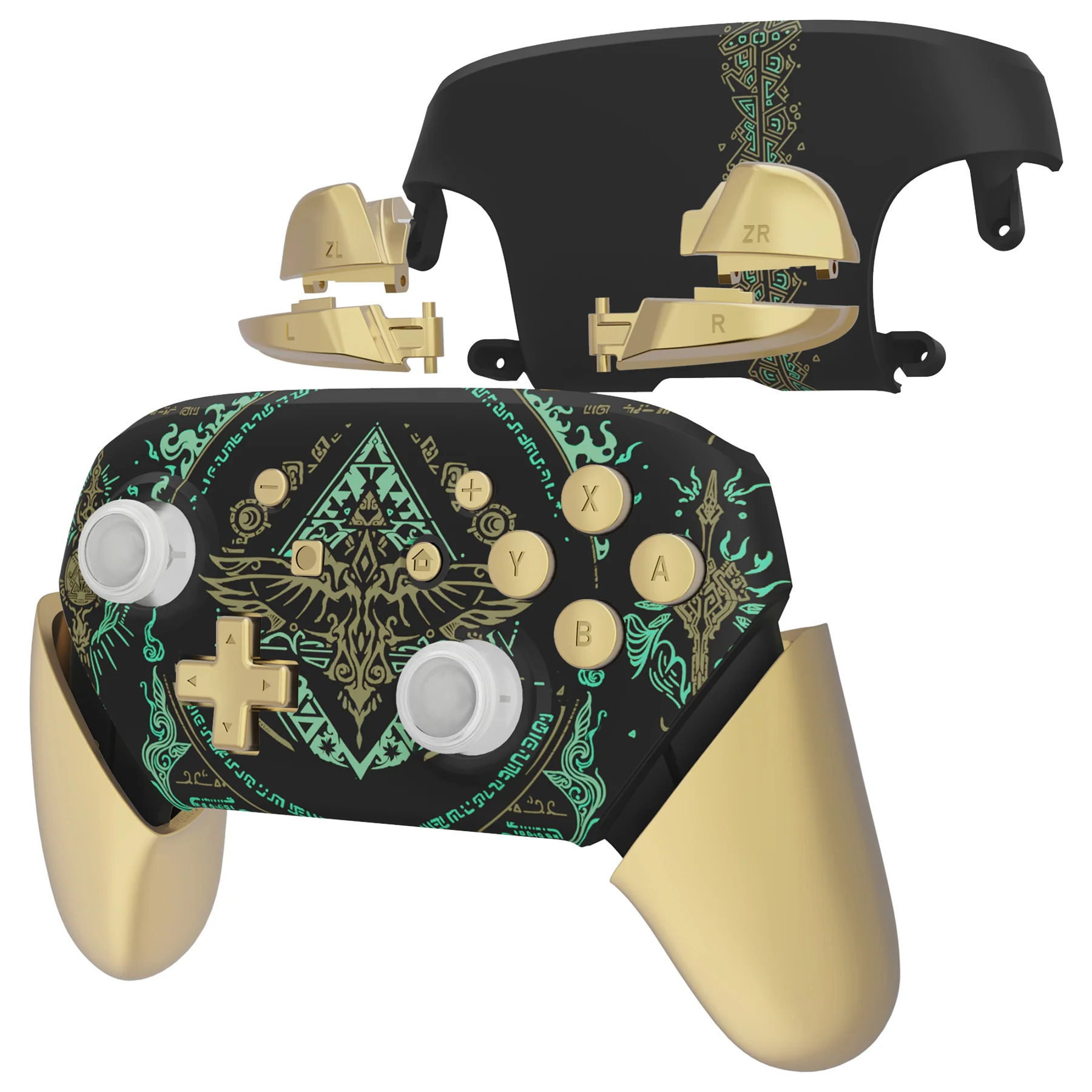 eXtremeRate Replacement Full Set Shell Faceplate Backplate Handles with Button Kit for Nintendo Switch Pro - Glow in Dark - Totem of Kingdom Black - Image 7